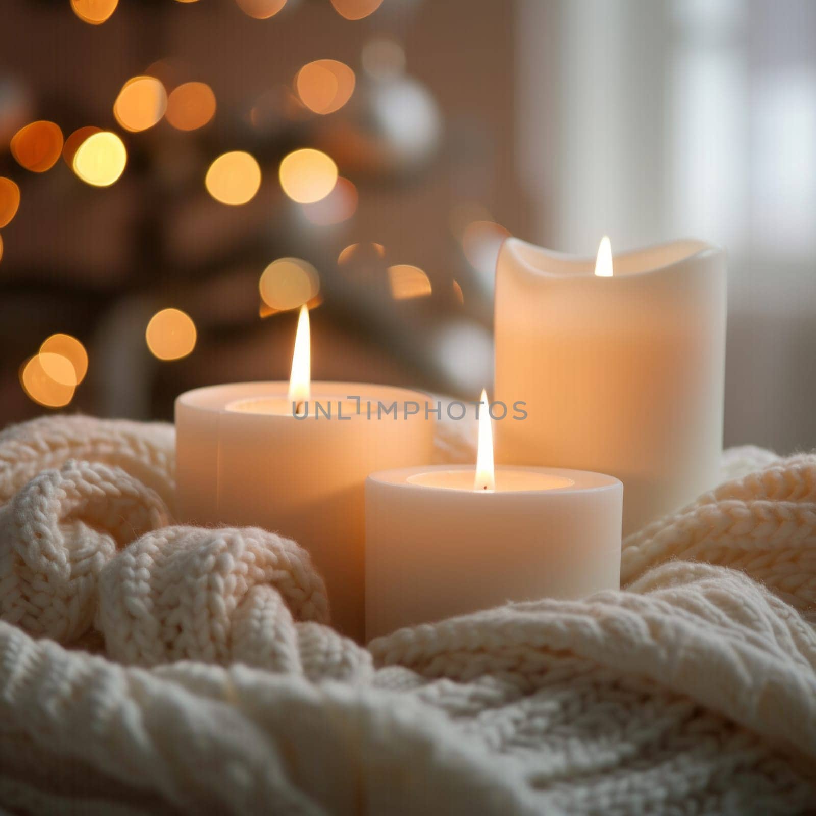 Cozy ambiance with three lit candles on a soft knit blanket, warm glow against a bokeh light background