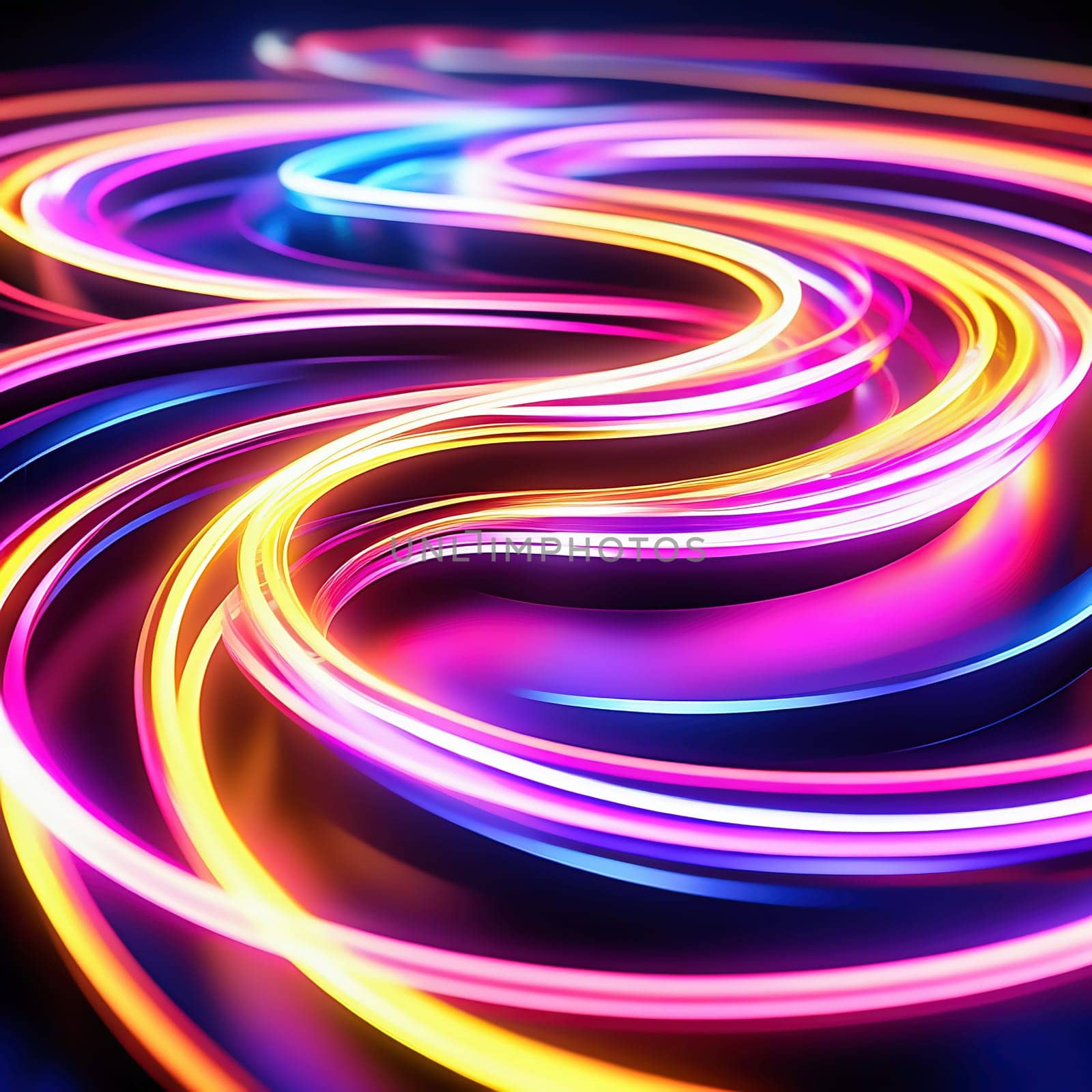 3d render. Abstract panoramic background of twisted dynamic neon lines glowing in the dark room with floor reflection. Virtual fluorescent ribbon loop.