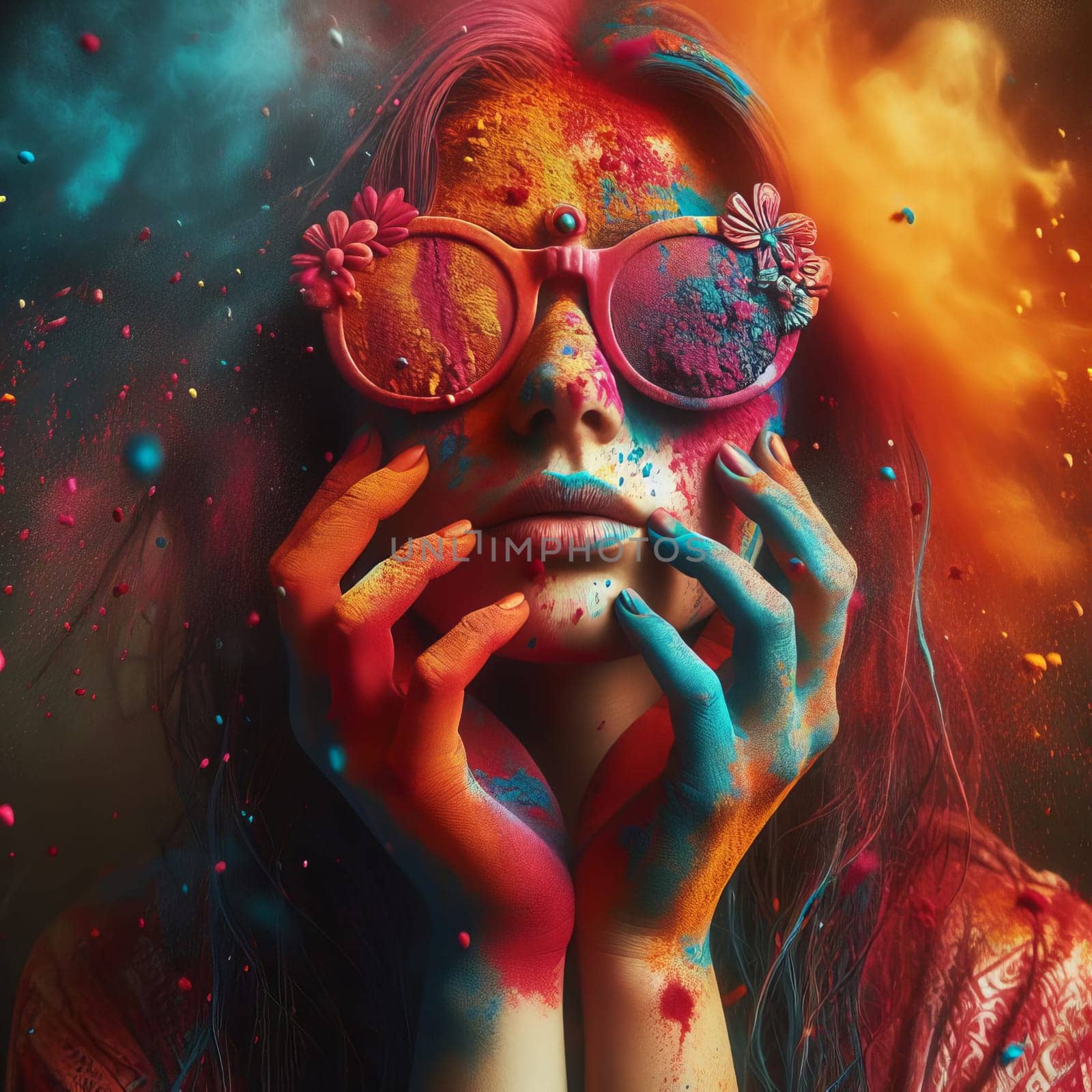 A girl covered in colorful powders, wearing decorative sunglasses, amidst a dynamic explosion of colors. Celebrating Holi festival with abstract artistry