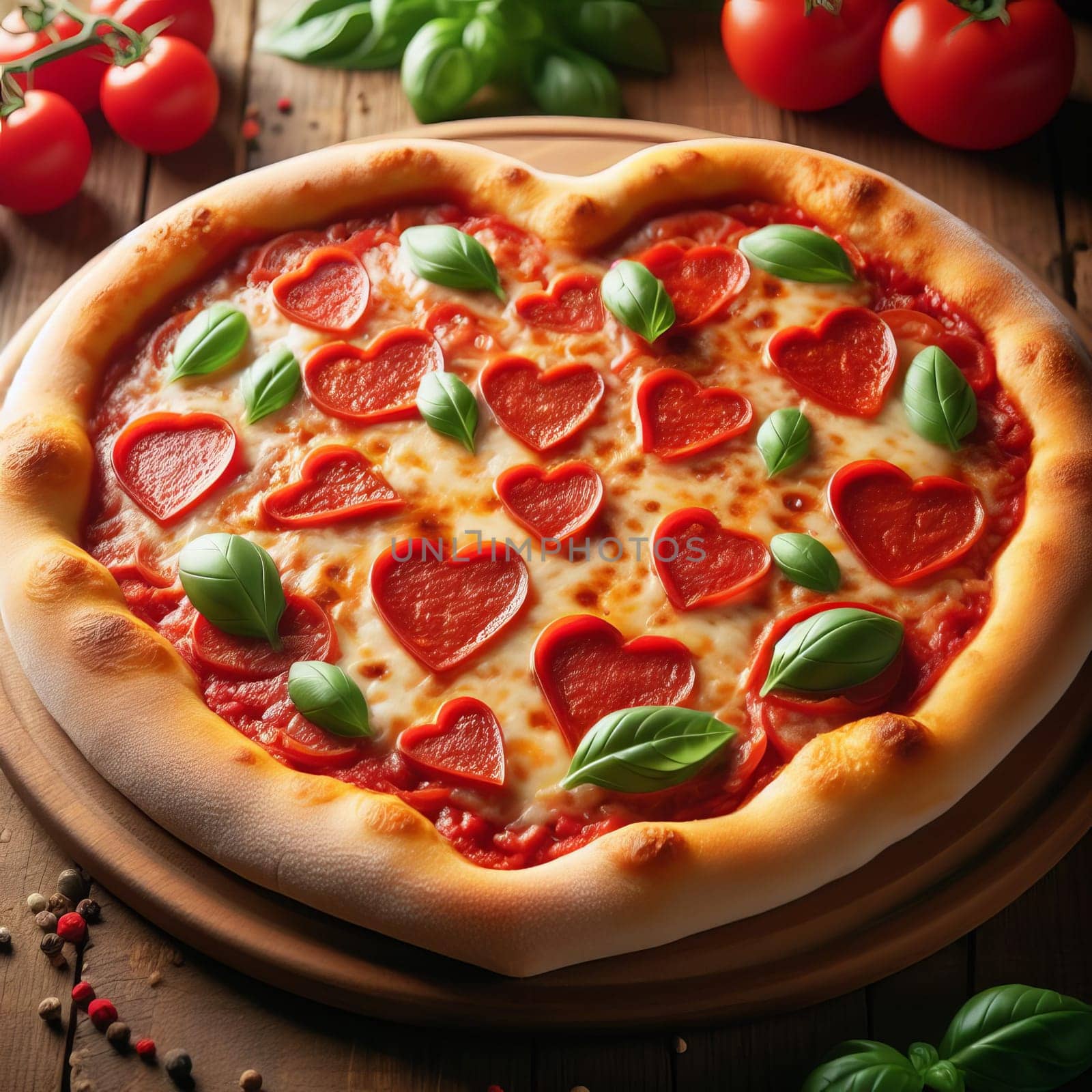 A heart-shaped pepperoni pizza with fresh basil on a rustic wooden plate. Perfect for Valentine s Day