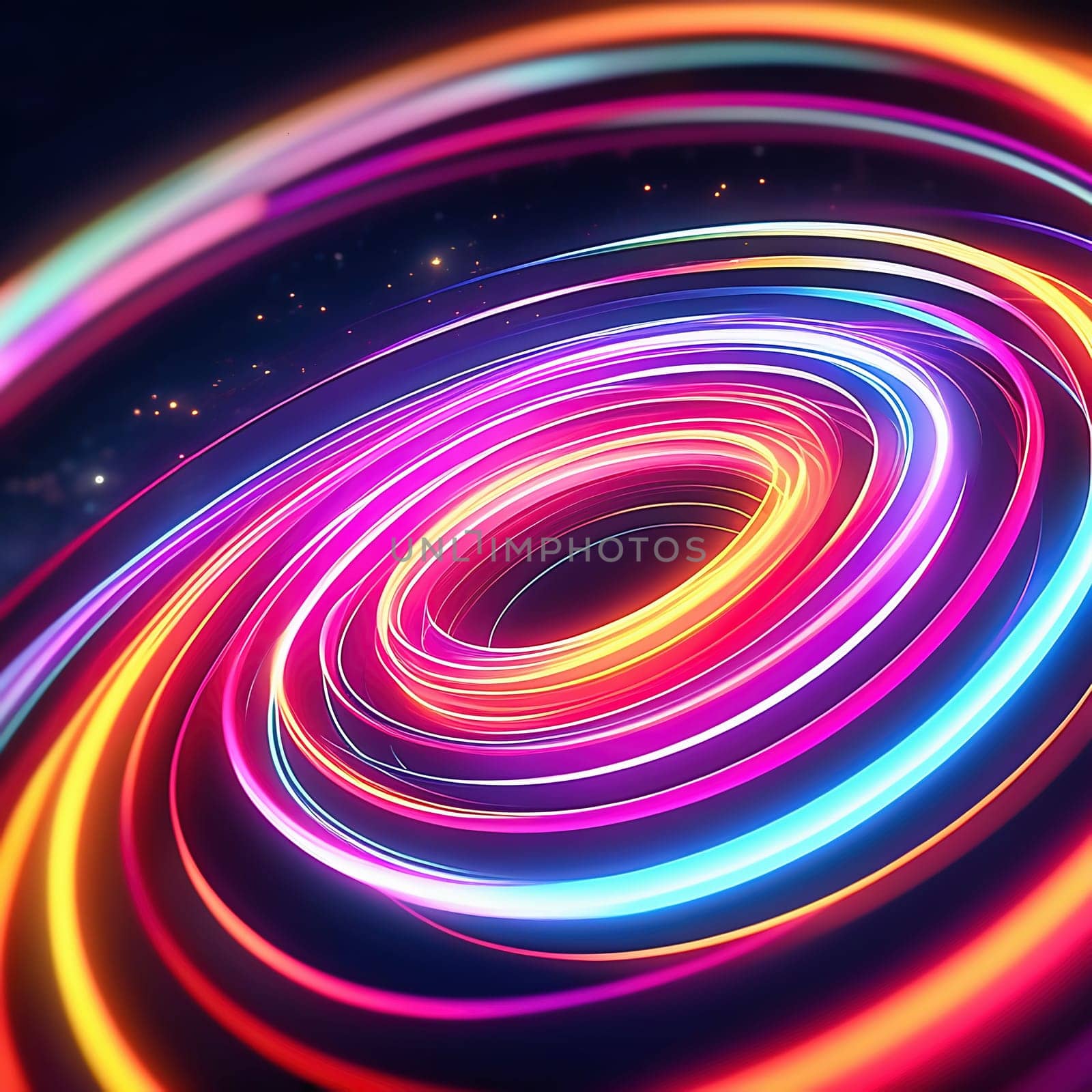 3d render. Abstract panoramic background of twisted dynamic neon lines glowing in the dark room with floor reflection. Virtual fluorescent ribbon loop.