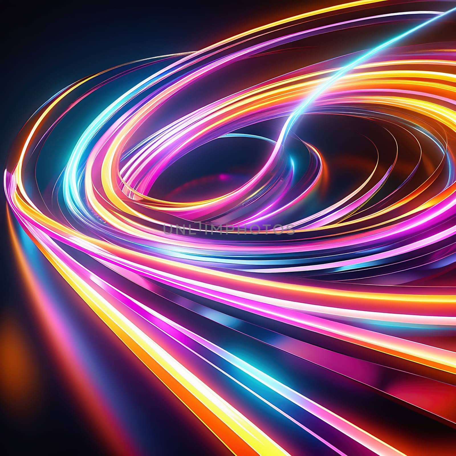 3d render. Abstract panoramic background of twisted dynamic neon lines glowing in the dark room with floor reflection. Virtual fluorescent ribbon loop.