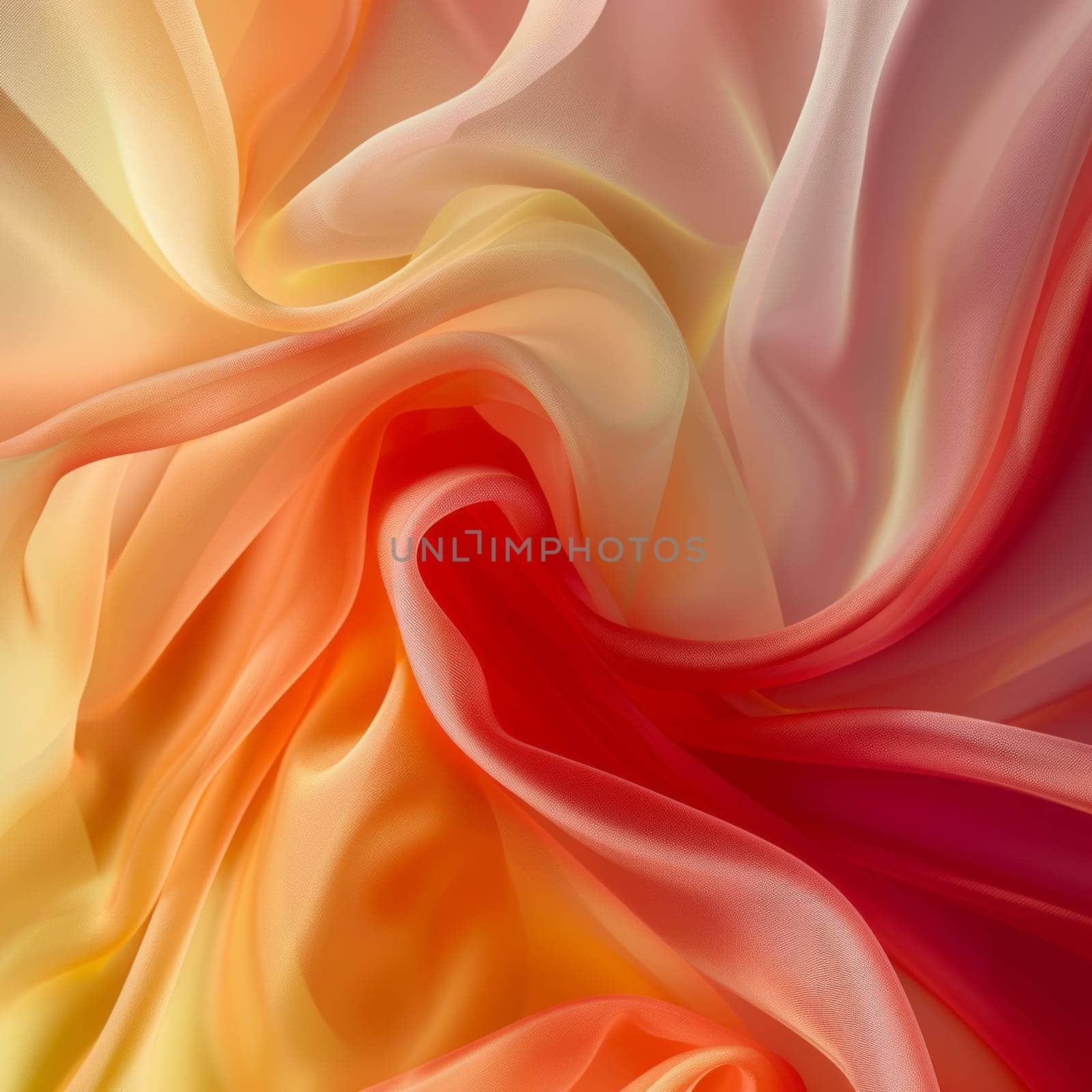 A vibrant, swirling mix of silky fabrics in soft hues of orange, yellow, and pink creating a dynamic, abstract pattern
