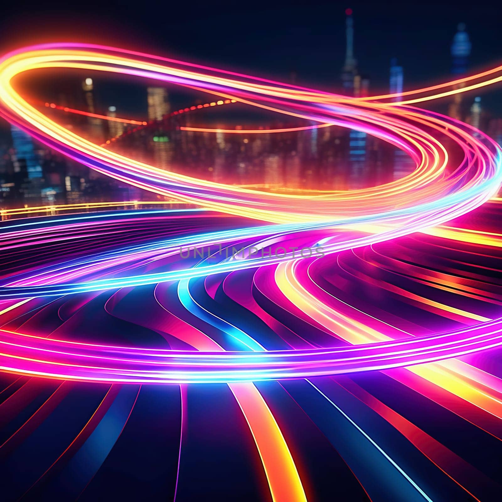 3d render. Abstract panoramic background of twisted dynamic neon lines glowing in the dark room with floor reflection. Virtual fluorescent ribbon loop.