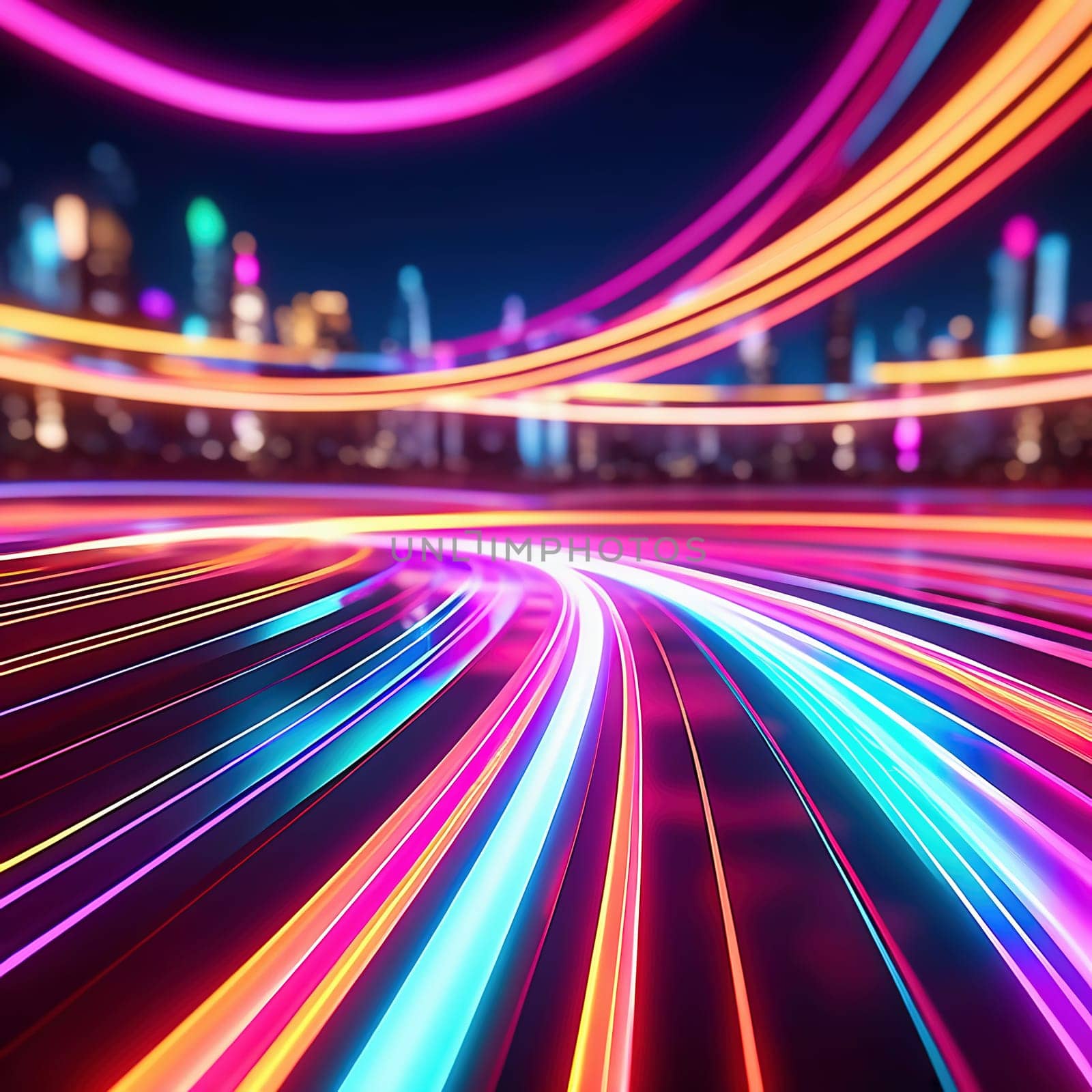 3d render. Abstract panoramic background of twisted dynamic neon lines glowing in the dark room with floor reflection. Virtual fluorescent ribbon loop.