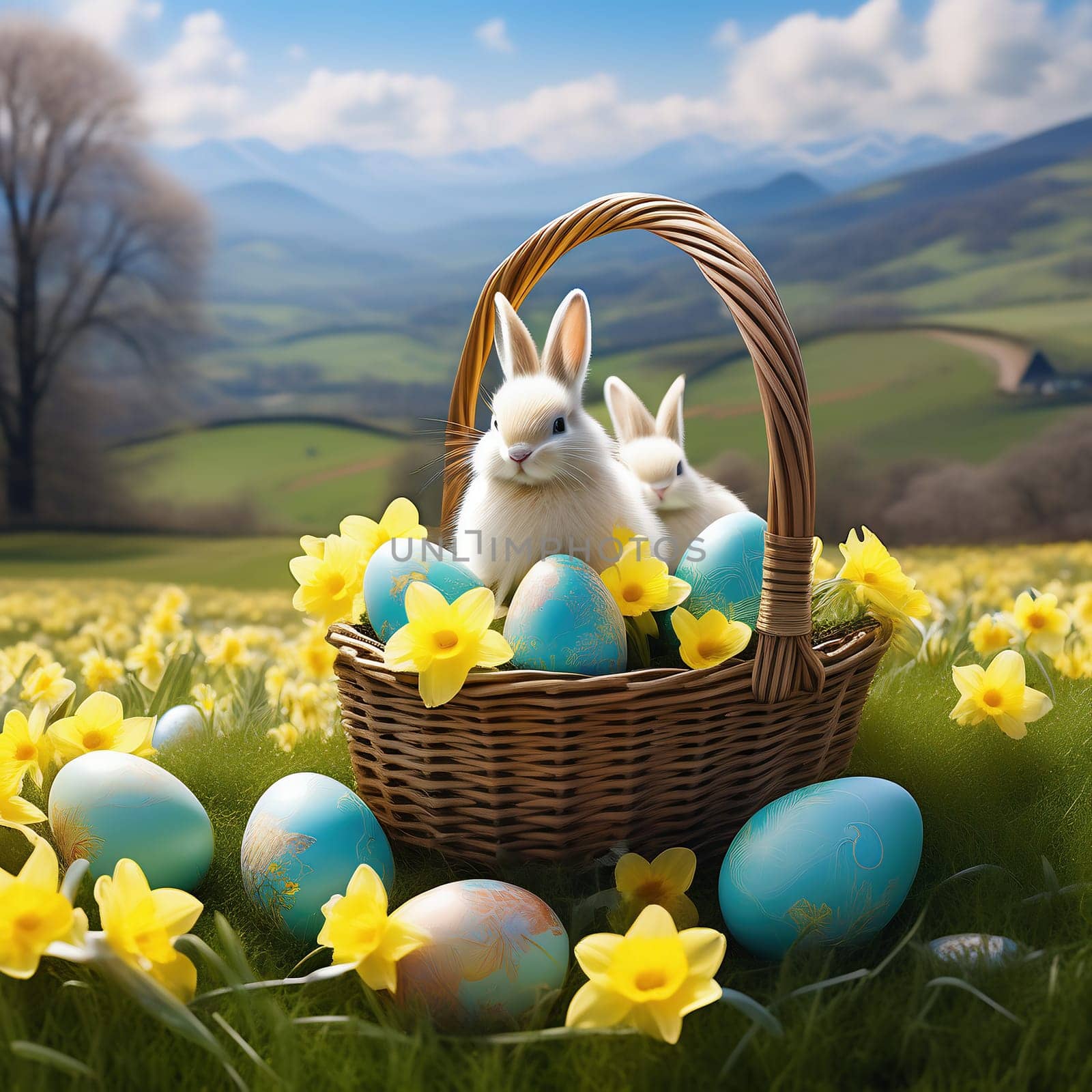 Easter bunny in an Easter basket with Easter eggs on a green meadow. Daffodils are blooming yellow. Easter generated with AI. Illustration