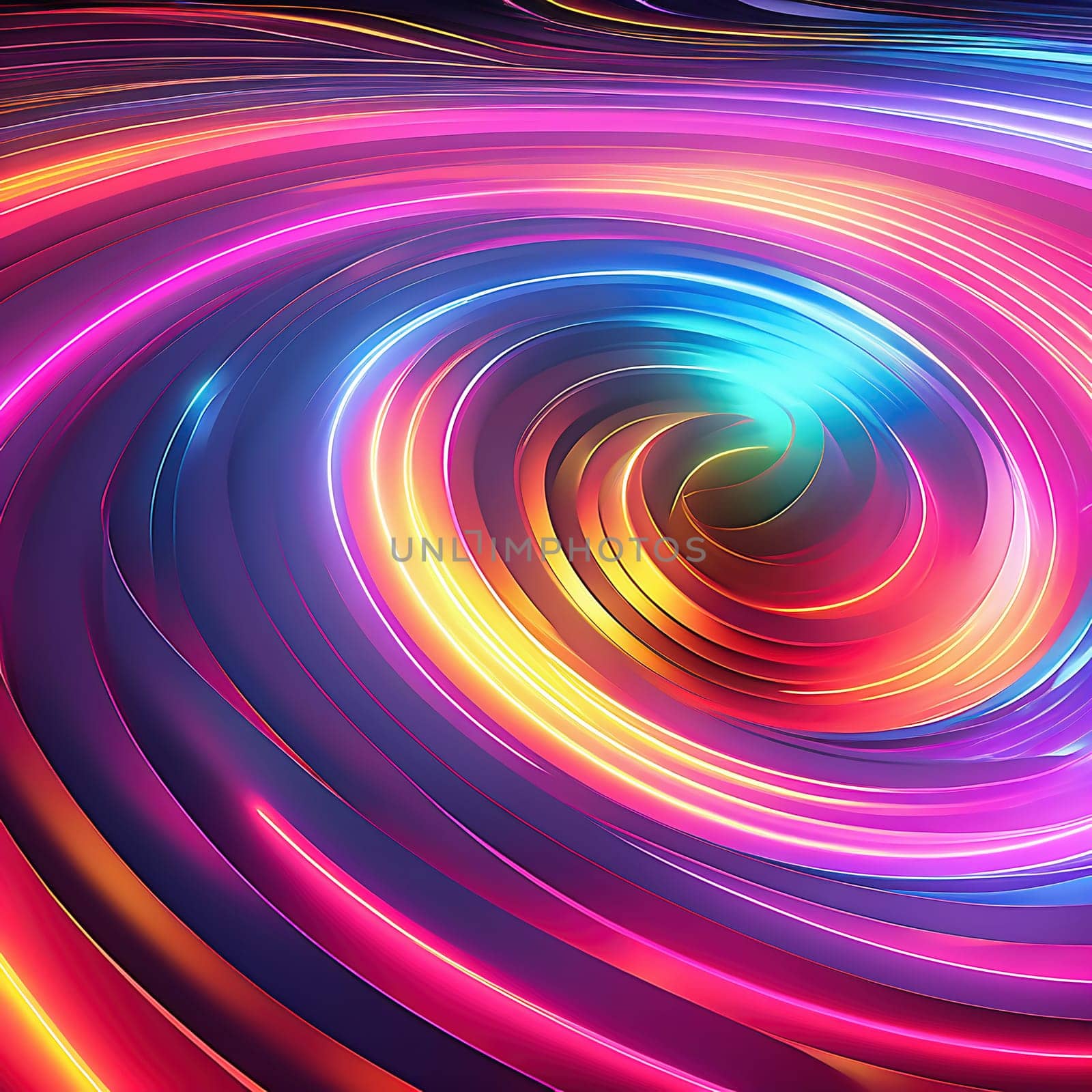 3d render. Abstract panoramic background of twisted dynamic neon lines glowing in the dark room with floor reflection. Virtual fluorescent ribbon loop.