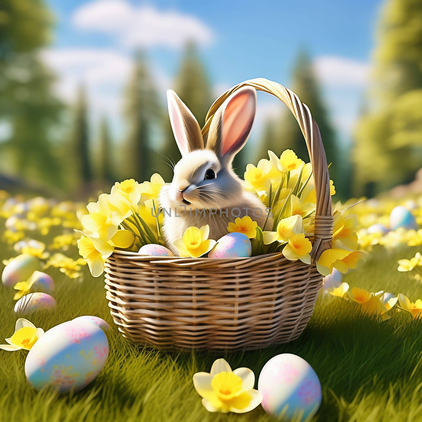 Easter bunny in an Easter basket with Easter eggs on a green meadow. Daffodils are blooming yellow. Easter generated with AI. Illustration