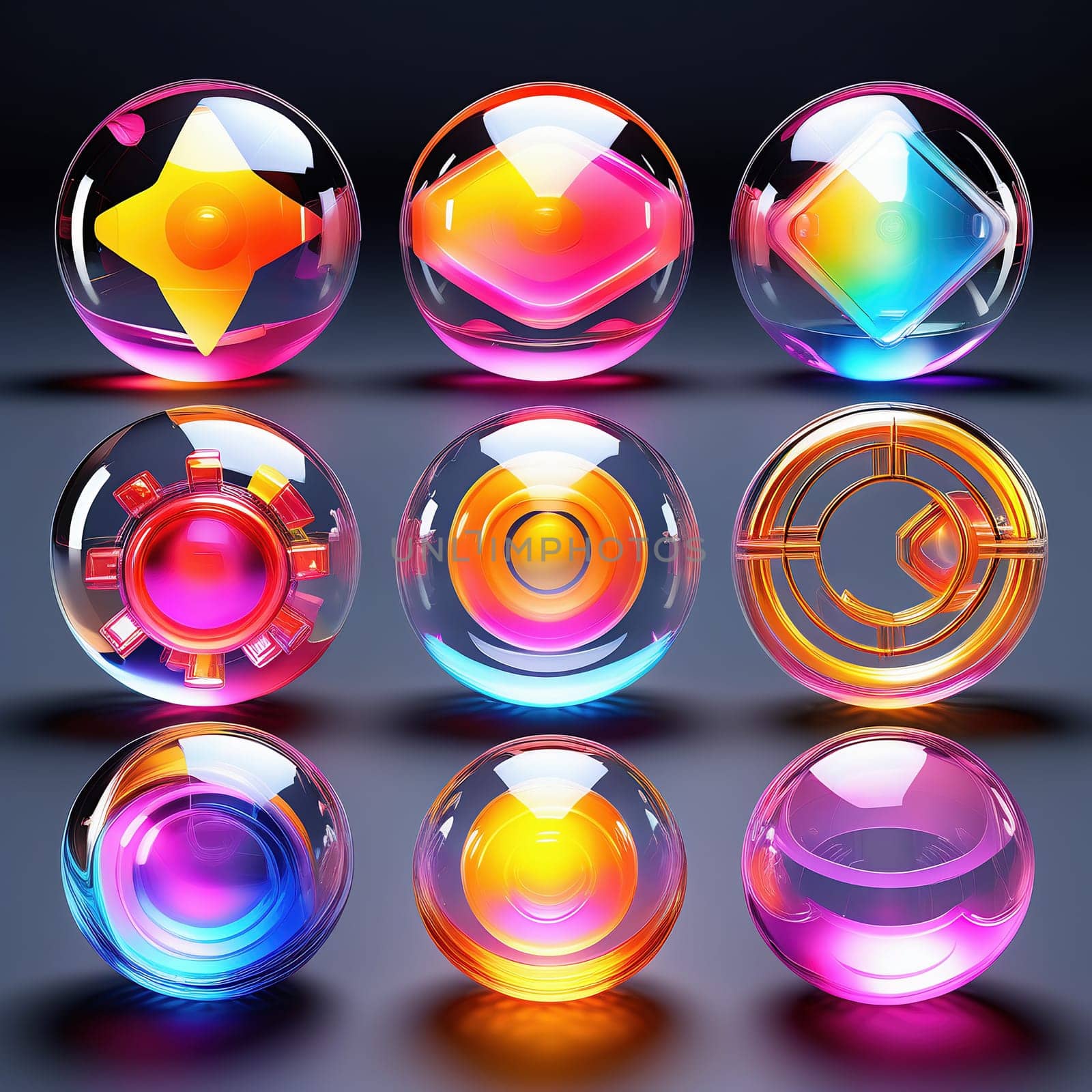 3d render. Neon glowing glass shapes on a virtual dark background. Futuristic graphic rendering. Luminous elements