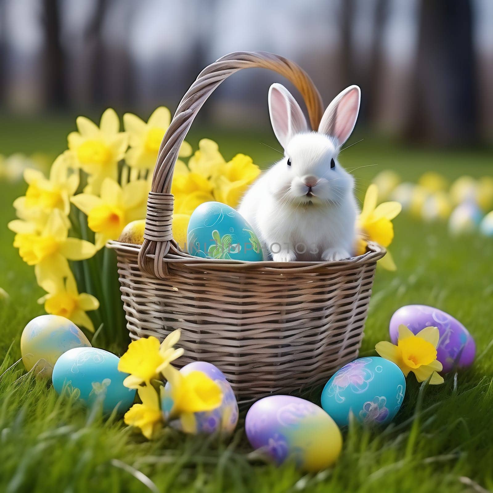 Easter bunny in an Easter basket with Easter eggs on a green meadow. Daffodils are blooming yellow. Easter generated with AI. Illustration
