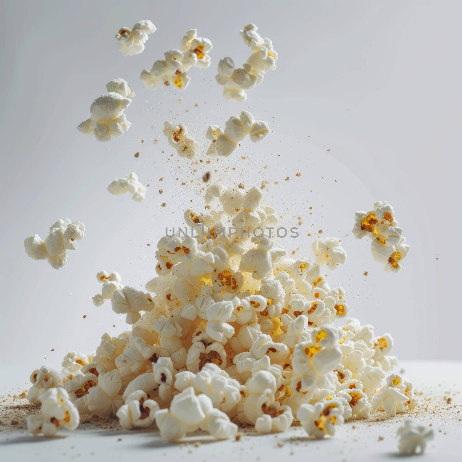 Popped popcorn kernels exploding upwards, captured mid-air, with a white background. A dynamic and delicious snack for movie nights or entertainment
