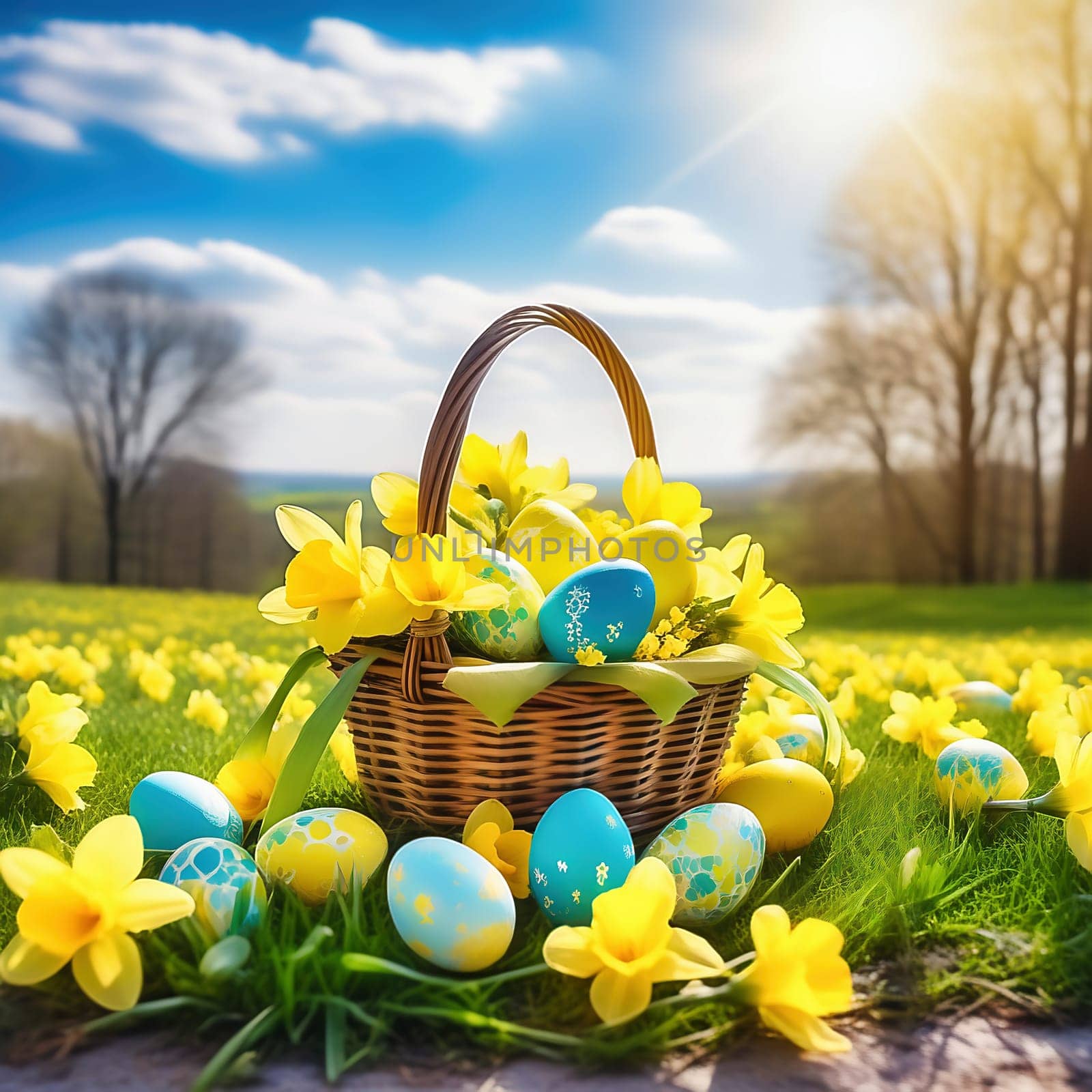 Easter basket with Easter eggs on a green meadow. Daffodils are blooming yellow. Easter generated with AI. Illustration