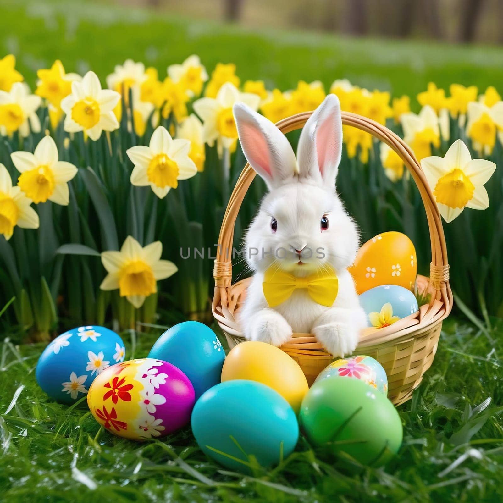 Easter bunny in an Easter basket with Easter eggs on a green meadow. Daffodils are blooming yellow. Easter generated with AI. Illustration