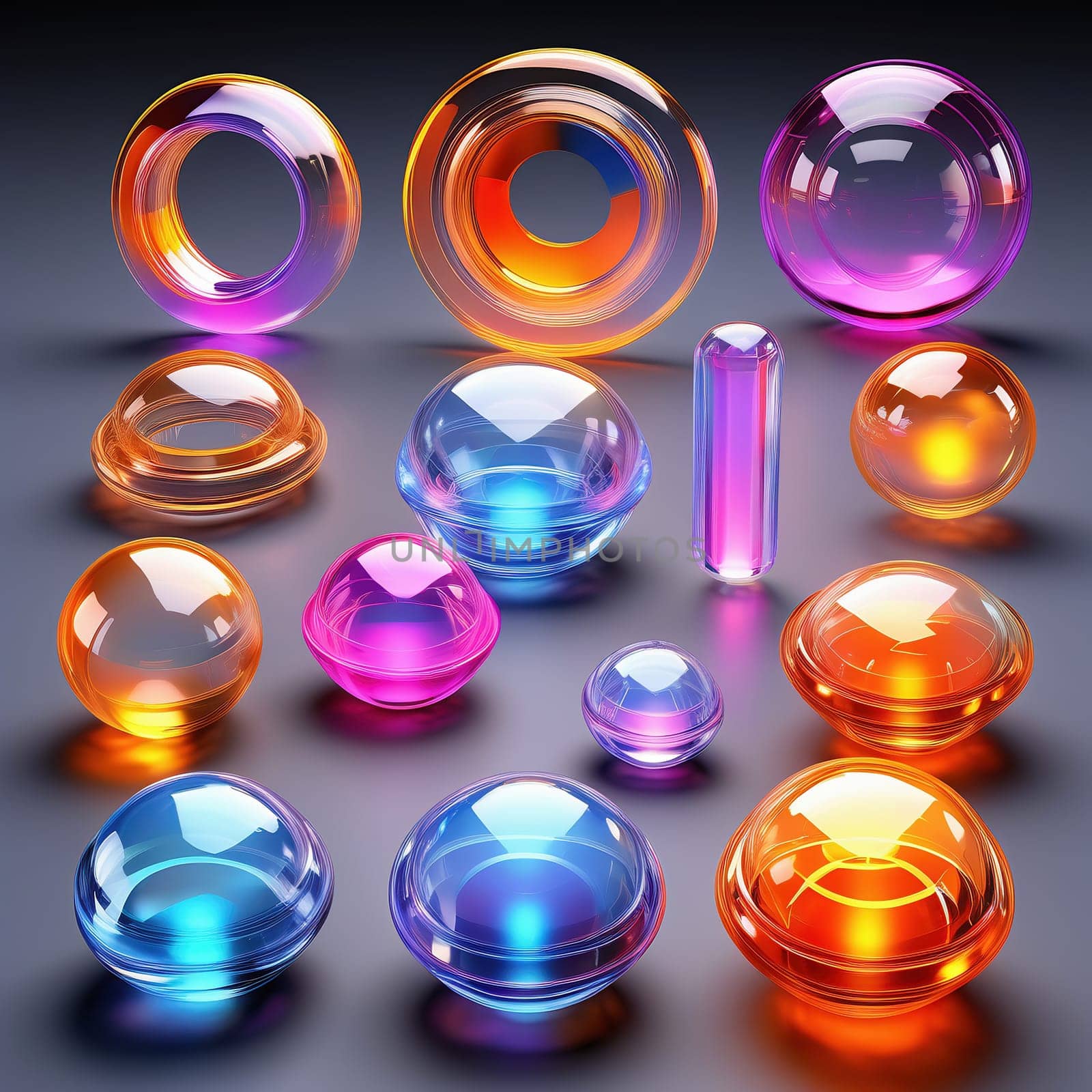3d render. Neon glowing glass shapes on a virtual dark background. Futuristic graphic rendering. Luminous elements