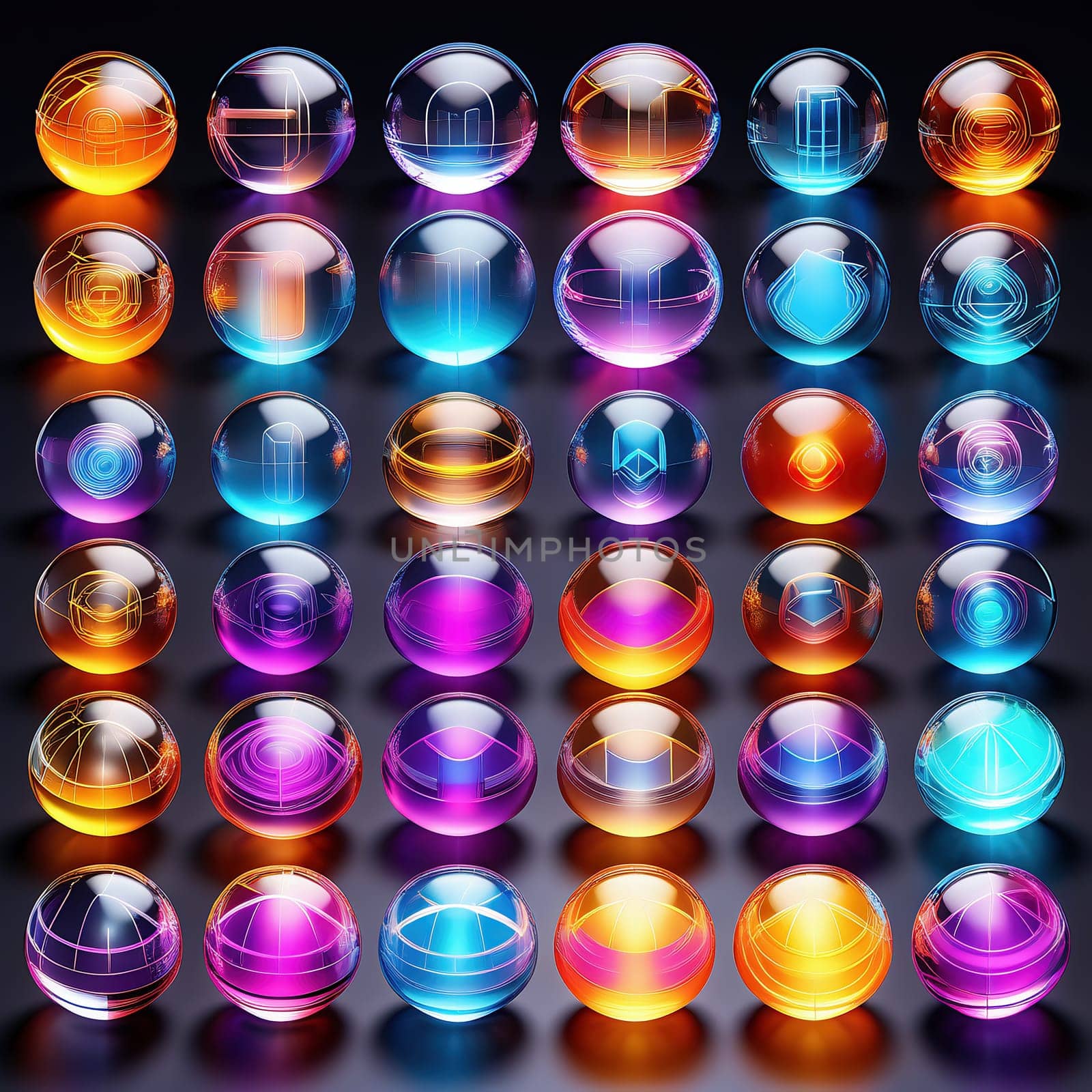3d render. Neon glowing glass shapes on a virtual dark background. Futuristic graphic rendering. Luminous elements