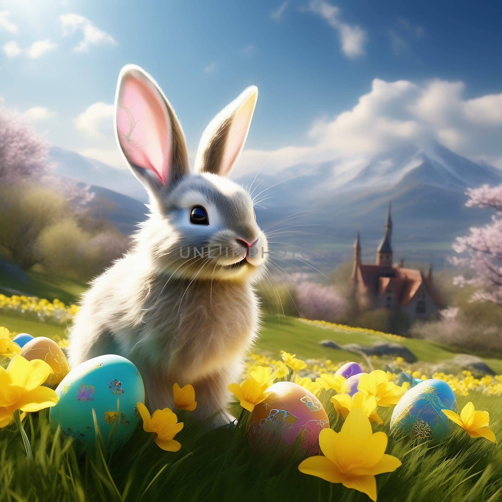 Easter bunny with Easter eggs on a green meadow. Daffodils are blooming yellow. Easter generated with AI. Illustration