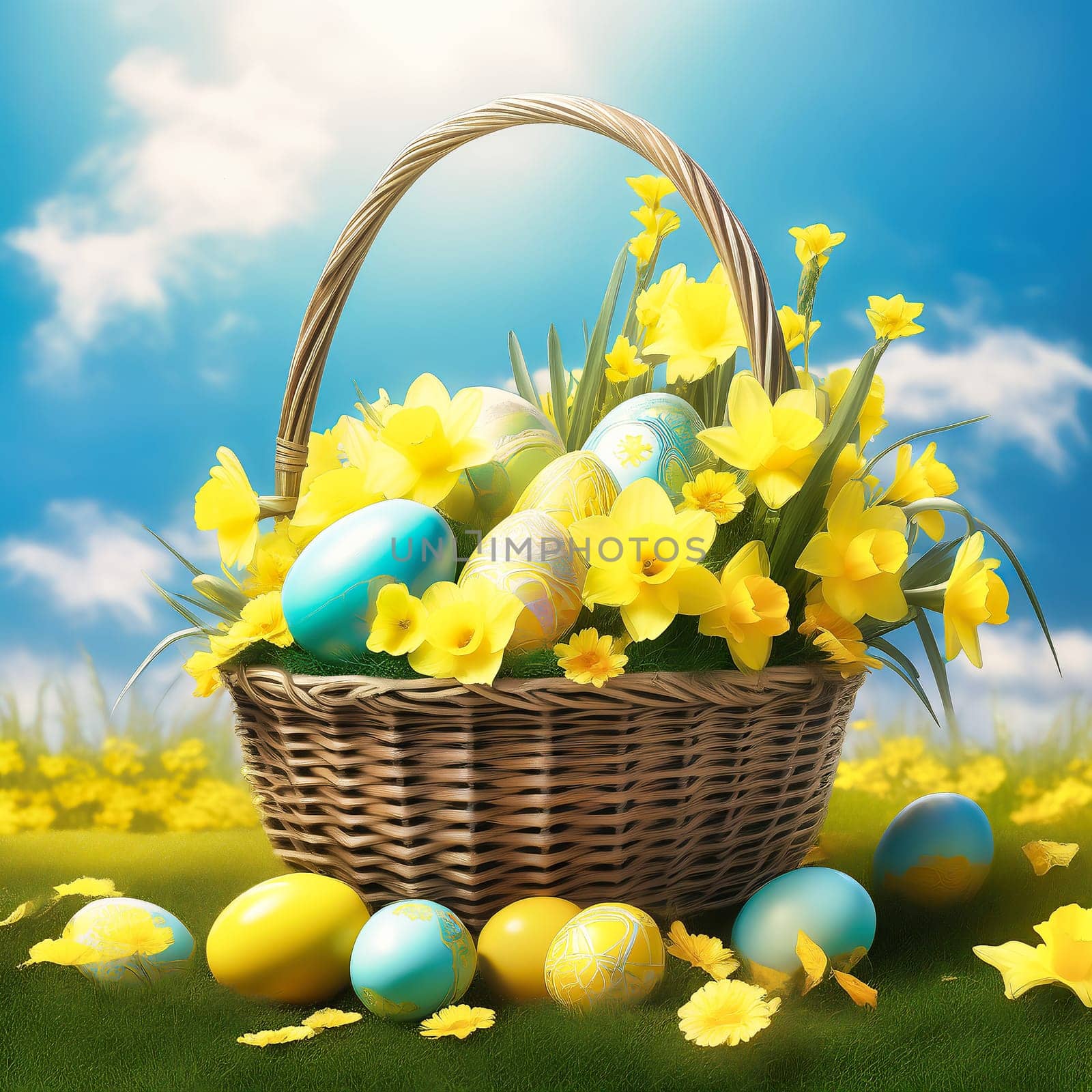 Easter basket with Easter eggs on a green meadow. Daffodils are blooming yellow. Easter generated with AI. Illustration