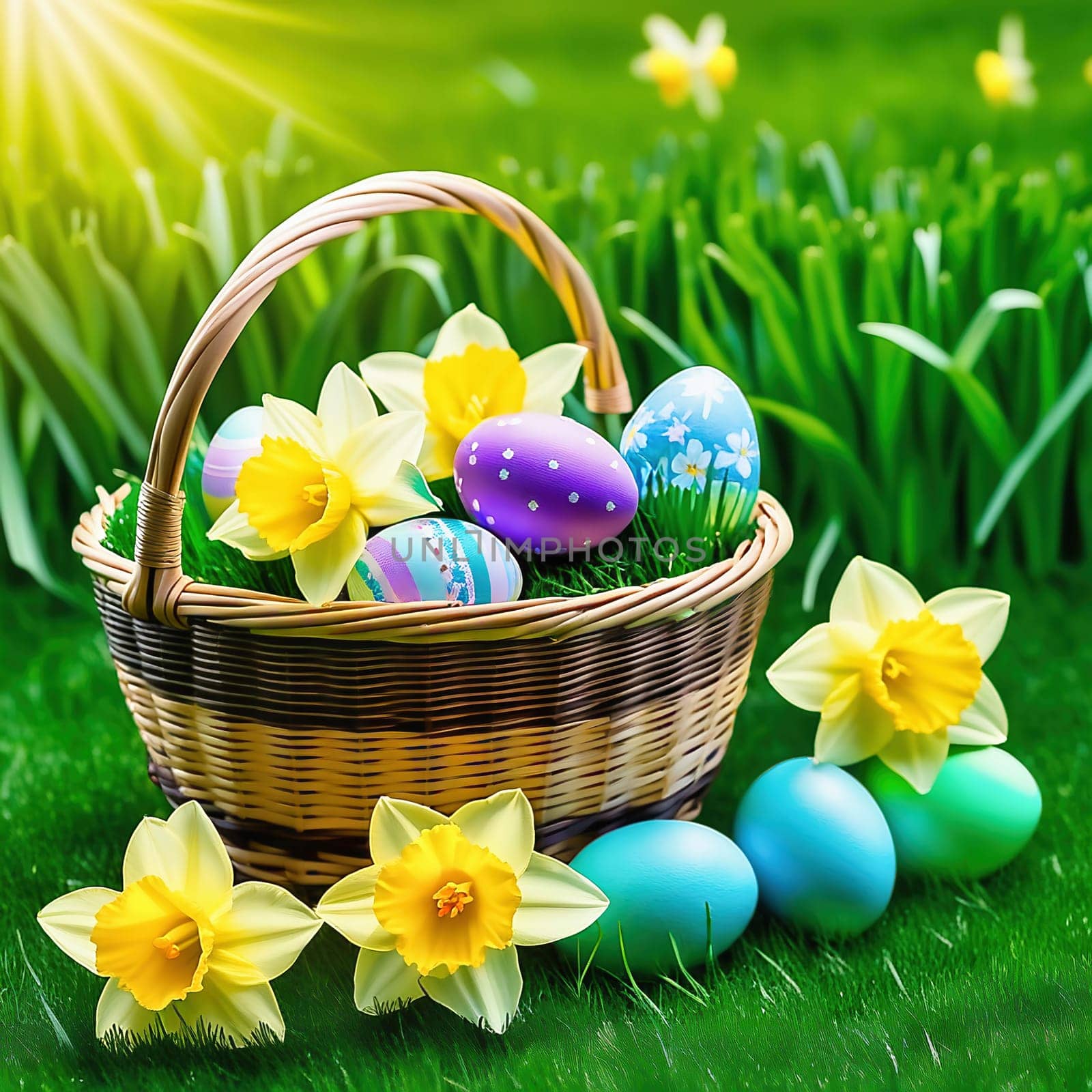 Easter basket with Easter eggs on a green meadow. Daffodils are blooming yellow. Easter generated with AI. Illustration