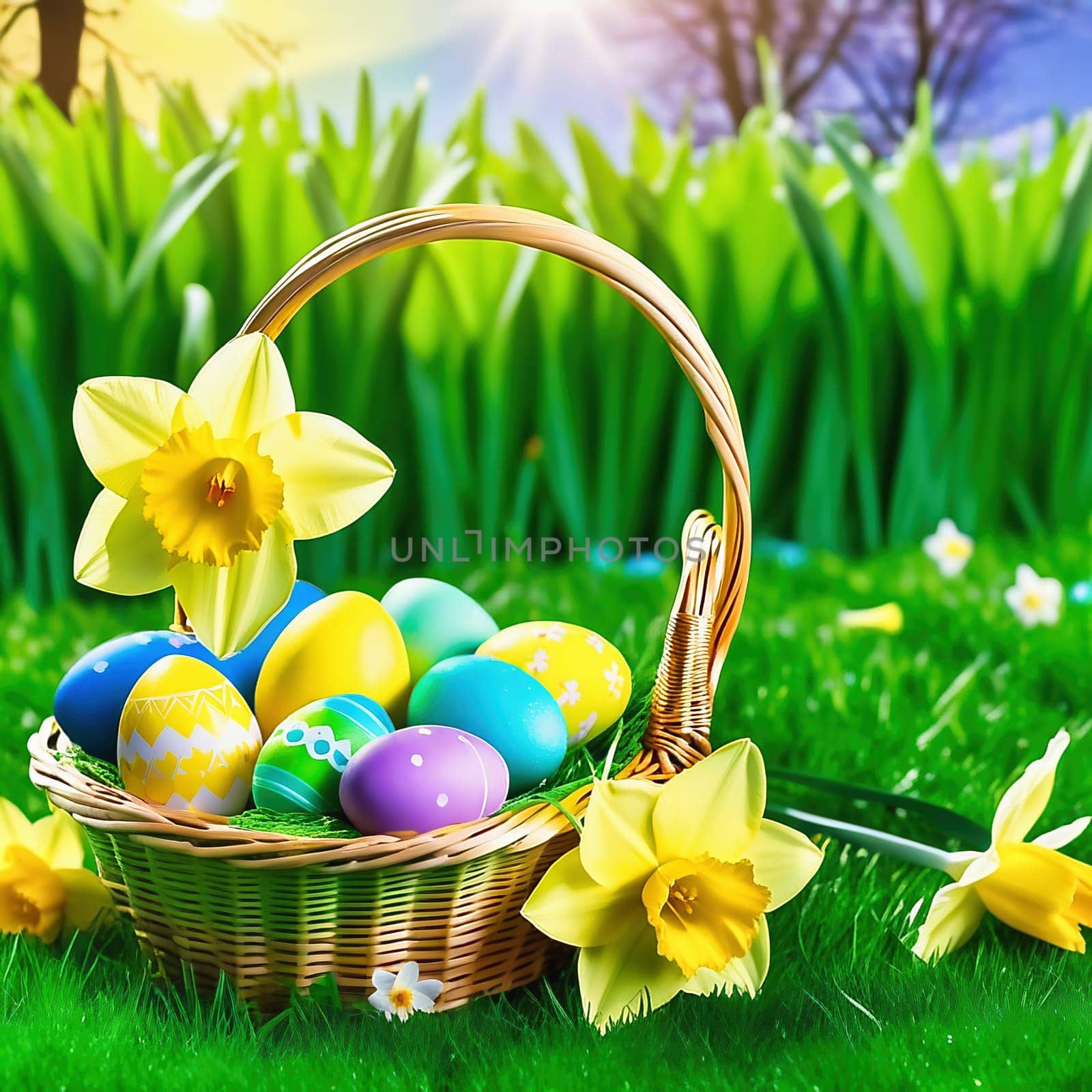 Easter basket with Easter eggs on a green meadow. Daffodils are blooming yellow. Easter generated with AI. Illustration