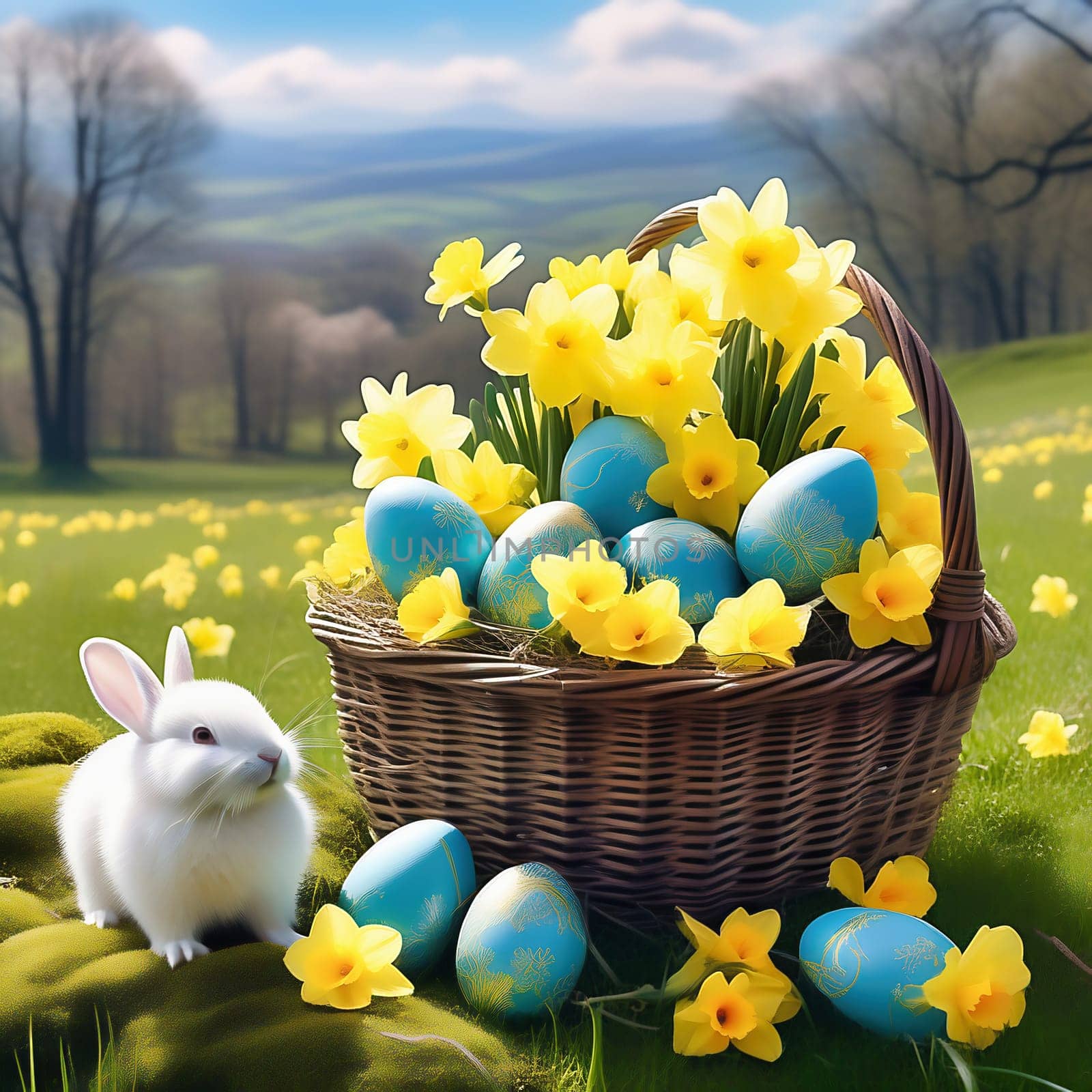 Easter bunny in an Easter basket with Easter eggs on a green meadow. Daffodils are blooming yellow. Easter generated with AI. Illustration
