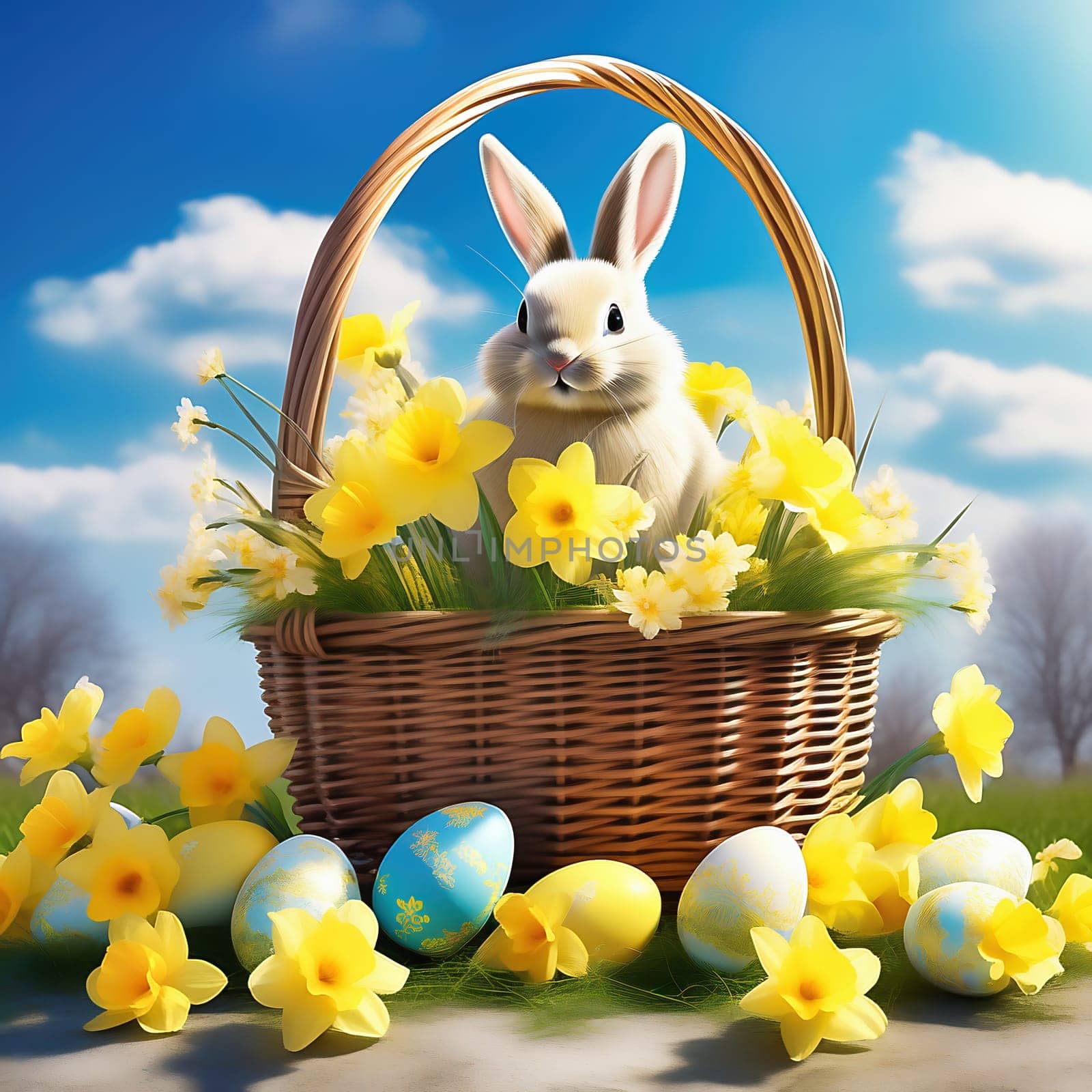 Easter bunny in an Easter basket with Easter eggs on a green meadow. Daffodils are blooming yellow. Easter generated with AI. Illustration