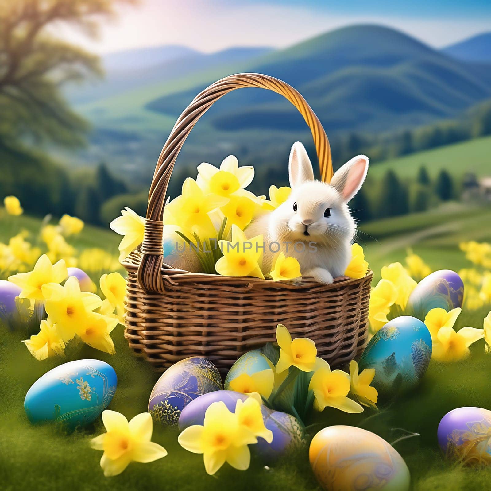 Easter bunny in an Easter basket with Easter eggs on a green meadow. Daffodils are blooming yellow. Easter generated with AI. Illustration