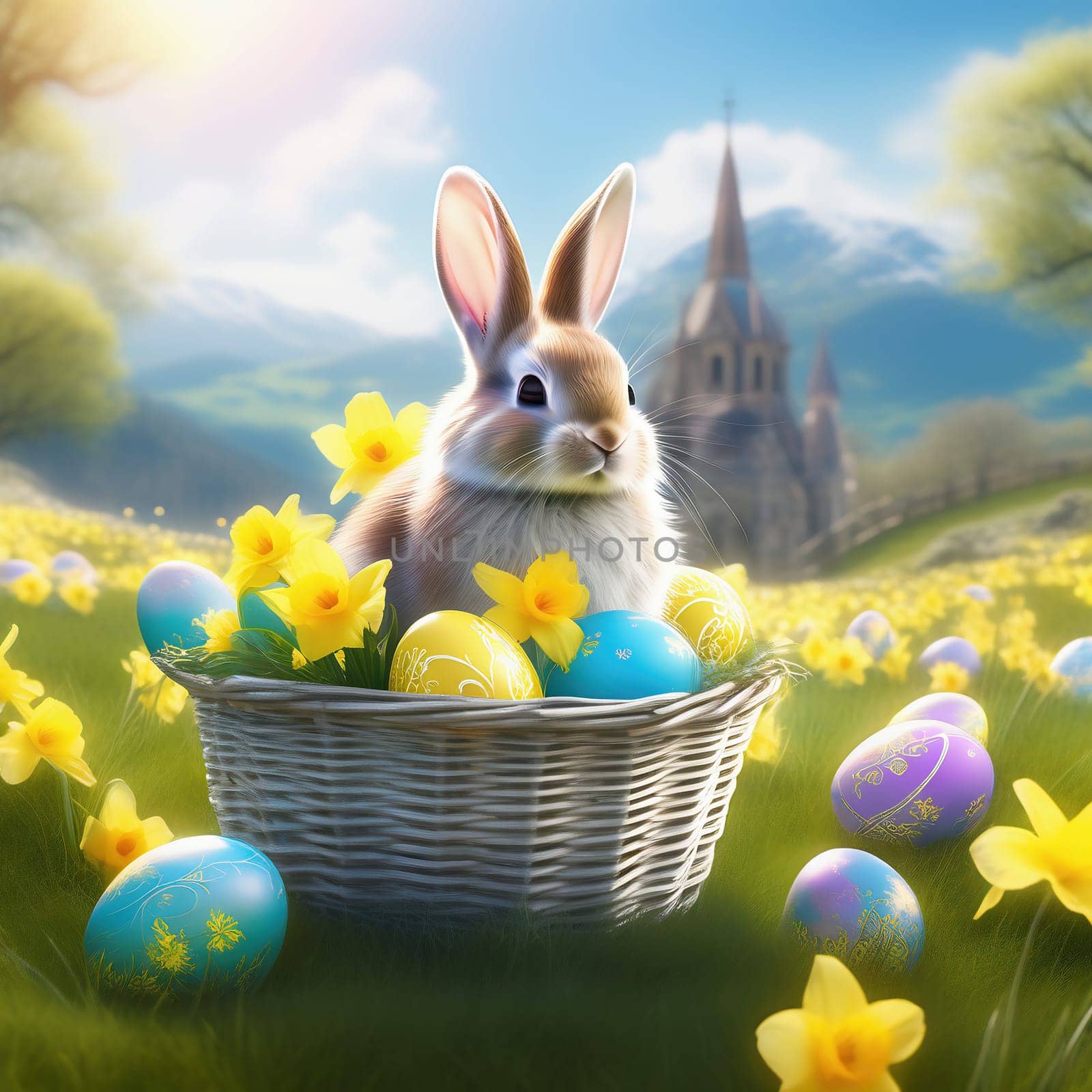 Easter bunny in an Easter basket with Easter eggs on a green meadow. Daffodils are blooming yellow. Easter generated with AI. Illustration