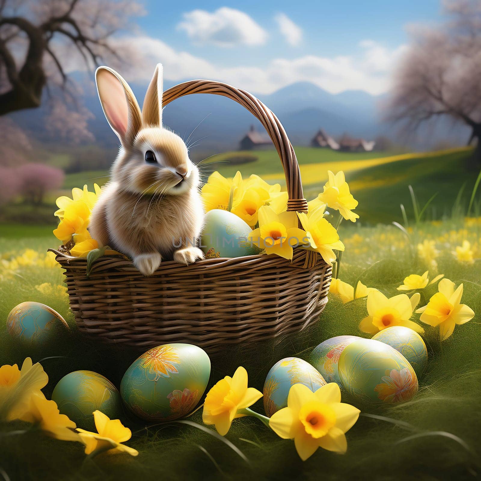 Easter bunny in an Easter basket with Easter eggs on a green meadow. Daffodils are blooming yellow. Easter generated with AI. Illustration