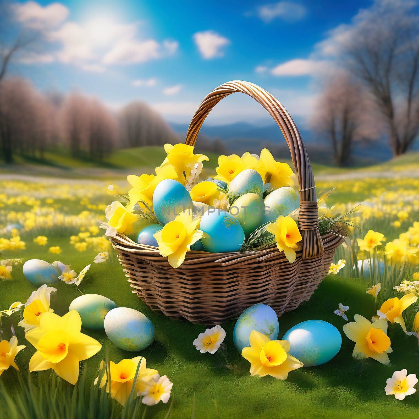Easter basket with Easter eggs on a green meadow. Daffodils are blooming yellow. Easter generated with AI. Illustration