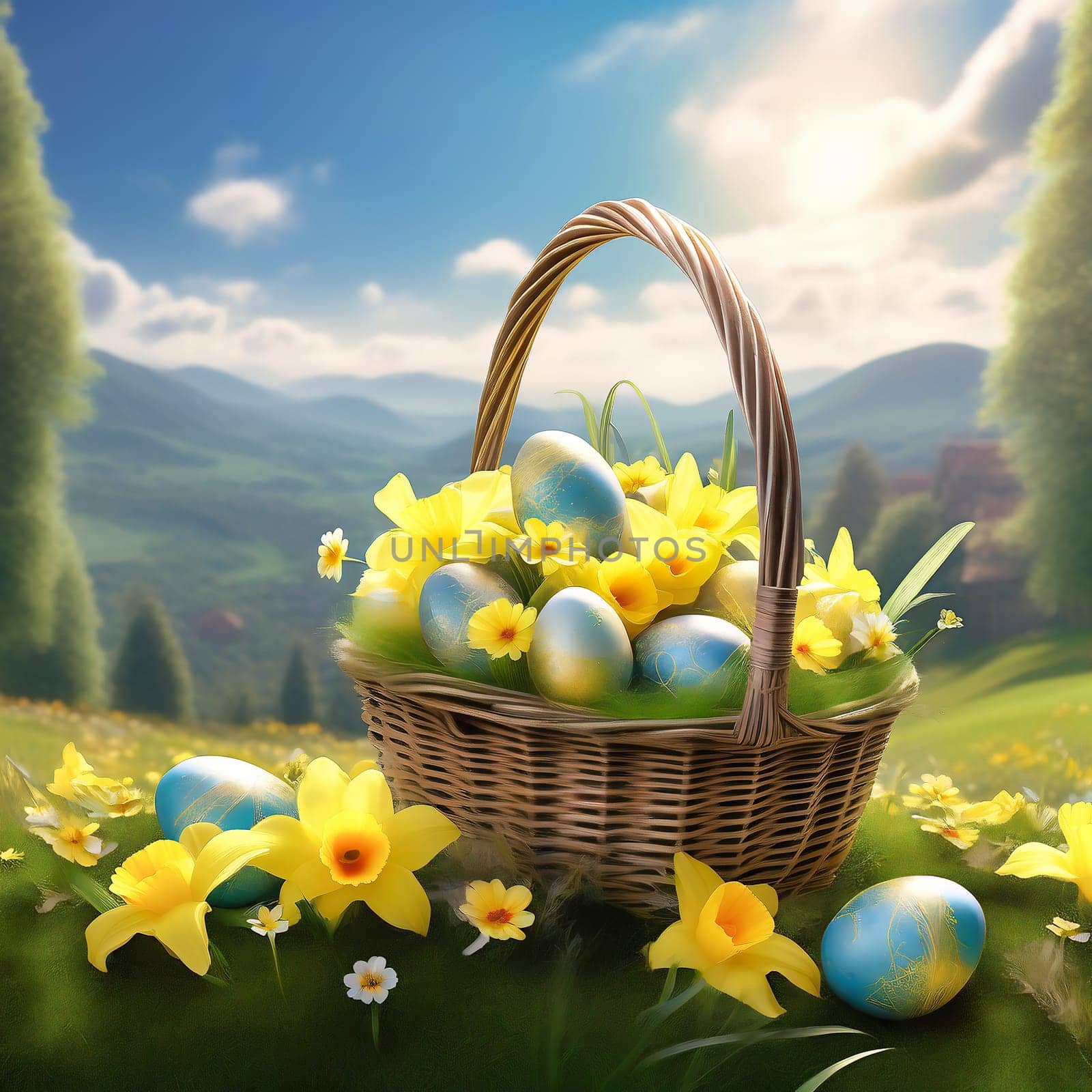 Easter basket with Easter eggs on a green meadow. Daffodils are blooming yellow. Easter generated with AI. Illustration