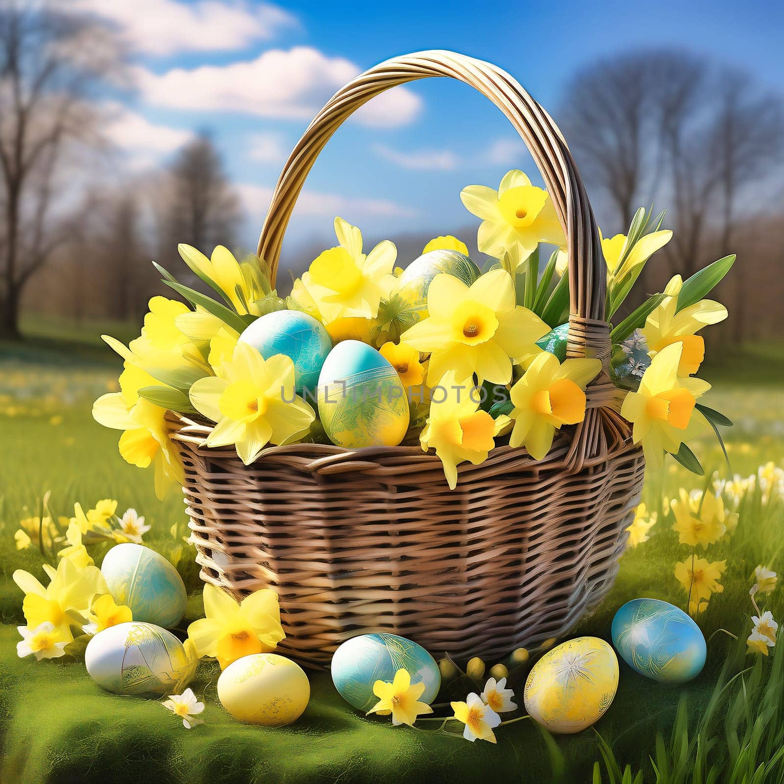 Easter basket with Easter eggs on a green meadow. Daffodils are blooming yellow. Easter generated with AI. Illustration