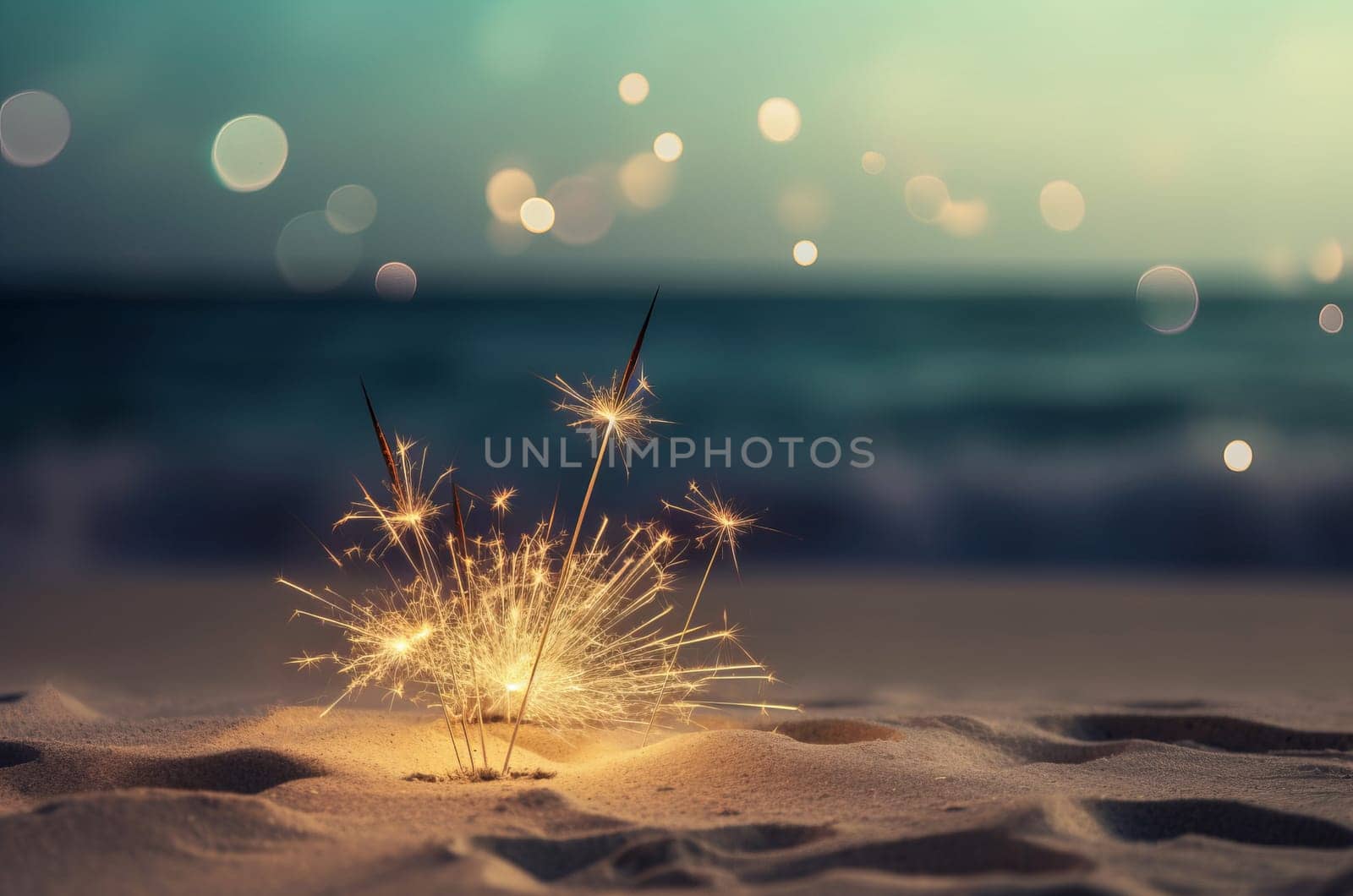 Sparkle sticks on coastal sundown seashore. Radiant luminous shimmering stick in twilight ambiance. Generate ai