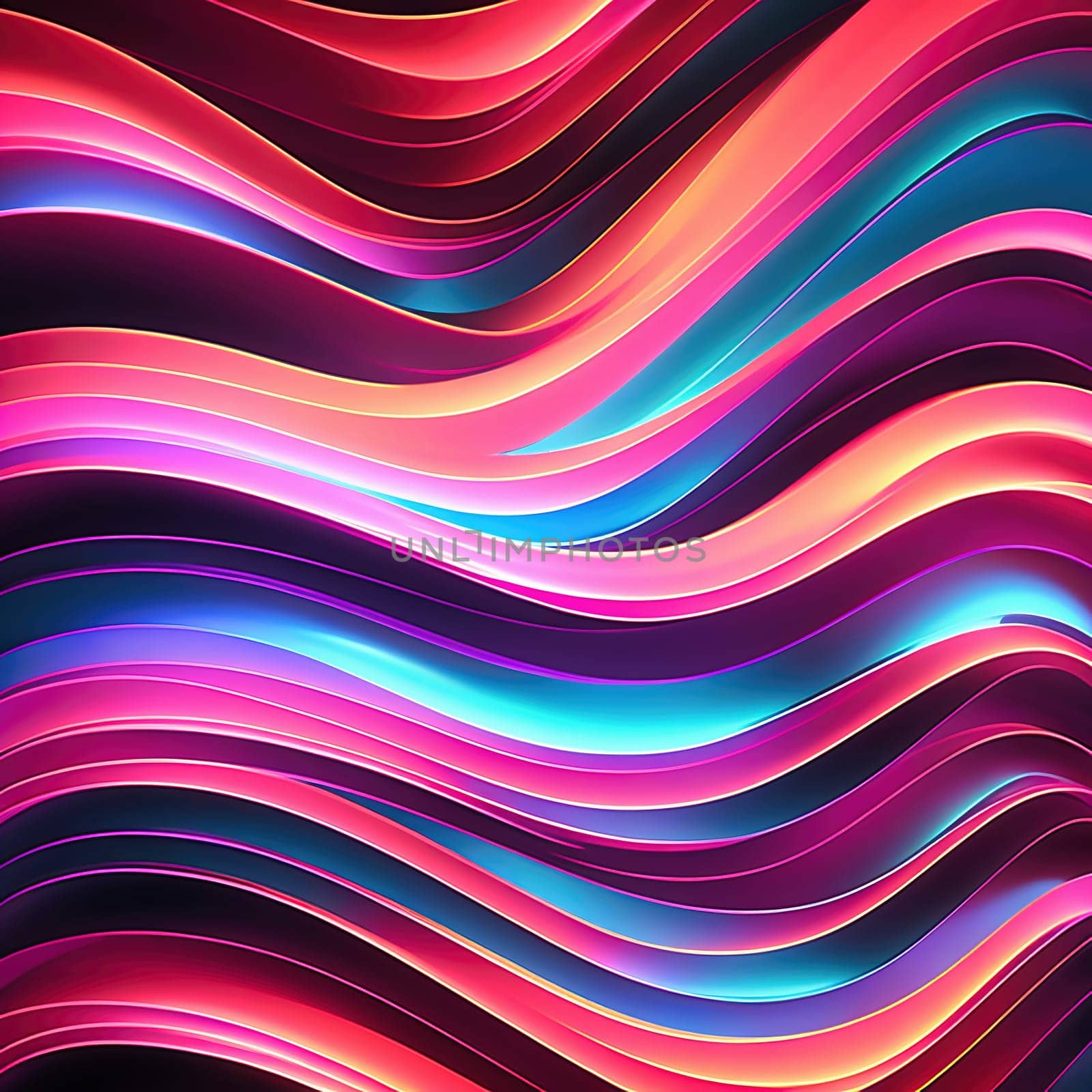 3d render. Abstract panoramic background of twisted dynamic neon lines, in wave form, glows in the dark space. Virtual fluorescent ribbon loop.