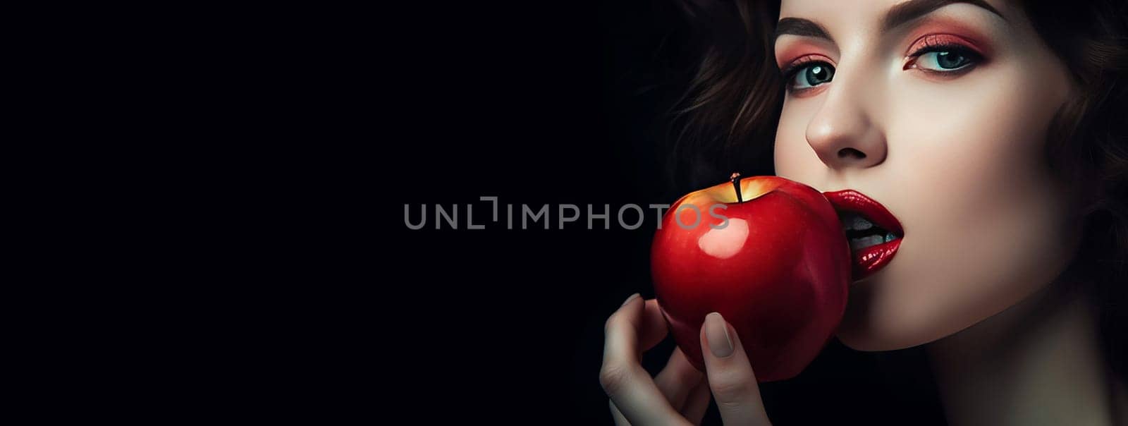 Woman with red lips eating a red apple banner. Sensual woman face bites fresh raw apple. Generate ai
