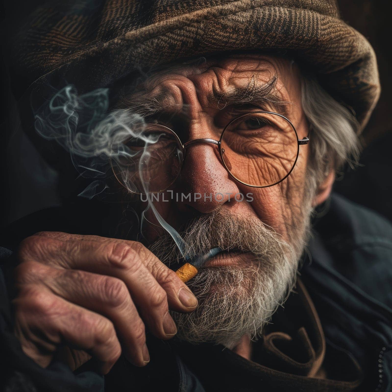Portrait of a wrinkled, bearded elderly man in glass and hat, shrouded in smoke from the cigarette in his mouth