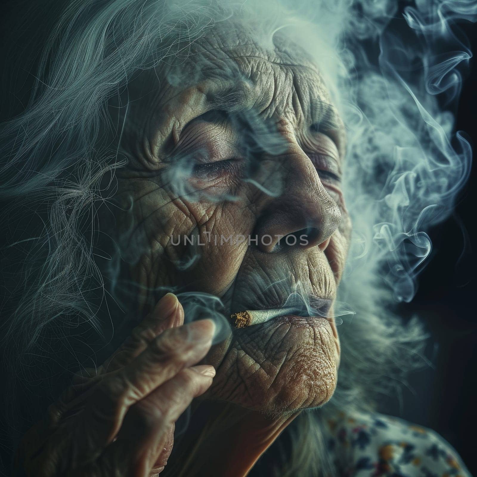 An elderly woman's wrinkled face, shrouded in smoke from the cigarette in her mouth, tells a story of a lifetime