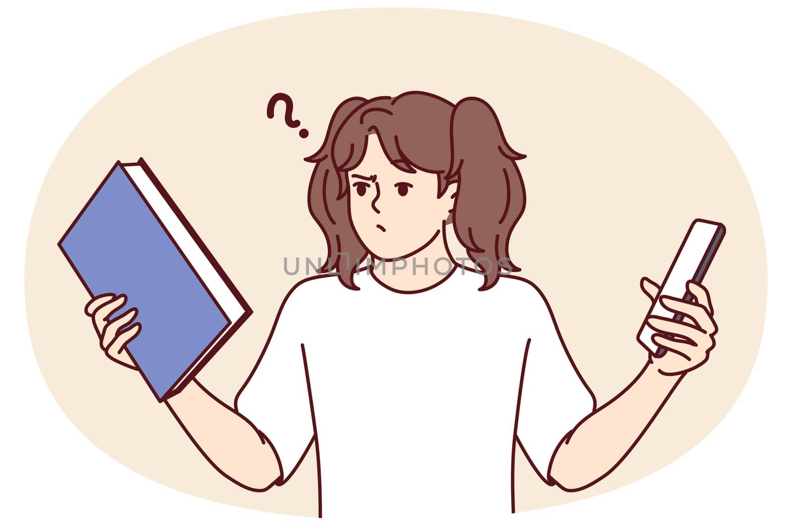 Teen girl choose between book and phone to read favorite art story. Schoolgirl looks at textbook in embarrassment due to procrastination and desire to play smartphone games. Flat vector illustration