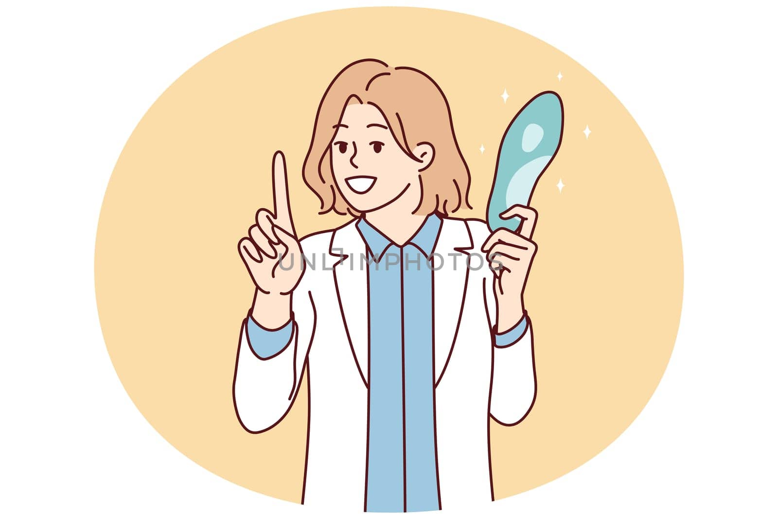 Female doctor in white coat holding blue object giving recommendation to patient on use of medical devices. Caring girl hospital employee shares life hacks for treating illness. Flat vector image