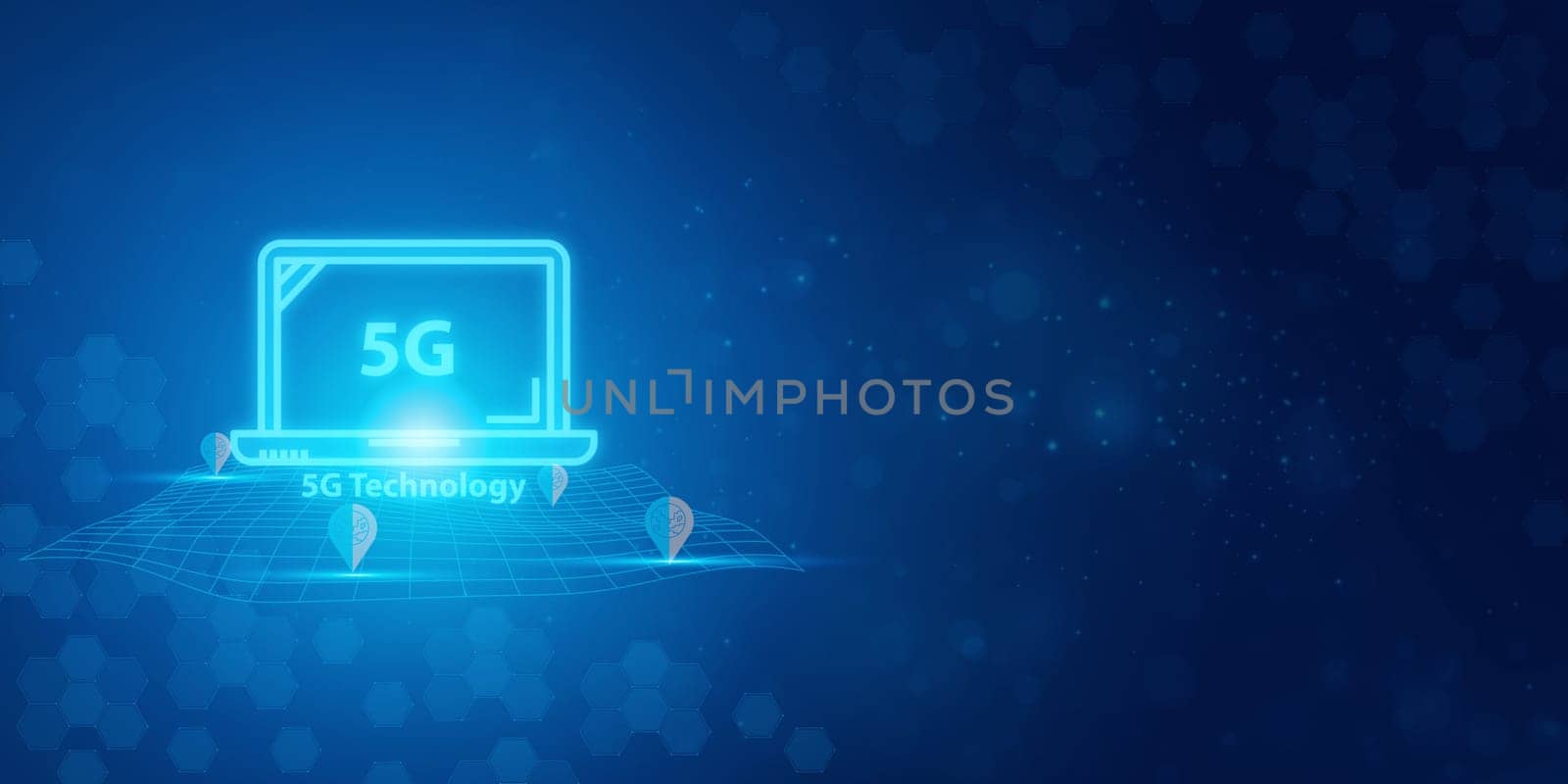Futuristic blue 5G text and abstract technology background. Artificial intelligence digital transformation and Business quantum internet network communication and Antivirus.