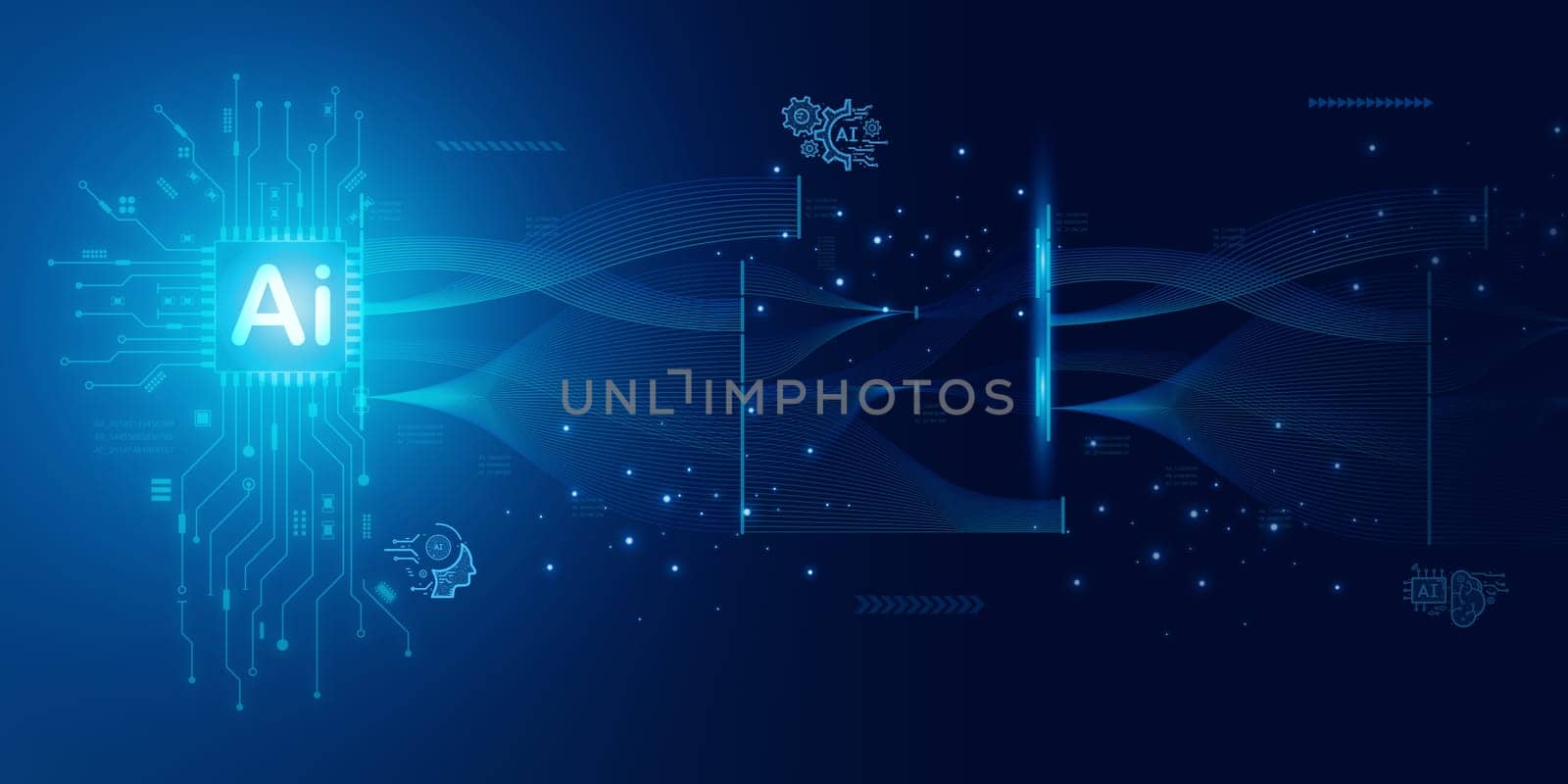 Artificial intelligence Ai self learning improving development problem solving solution tasks of future technology, ai graphics computer chip brain memory power, futuristic blue abstract background.