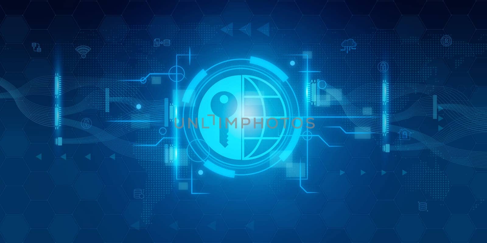 Futuristic blue shield ethics and Security abstract technology background. Artificial intelligence digital transformation and Business quantum internet network communication and Antivirus.