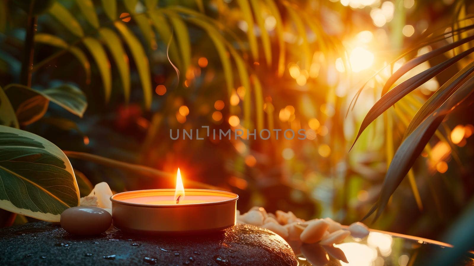 Spa concept with burning candle in tropical rainforest. Therapy aromatherapy for care body with candles for relax wellness. AI generated