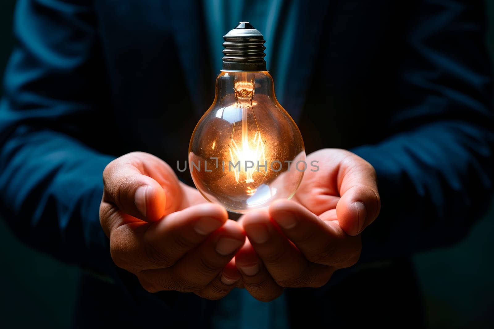 Light bulb in the hands of the businessman. The concept of the business idea. AI generated