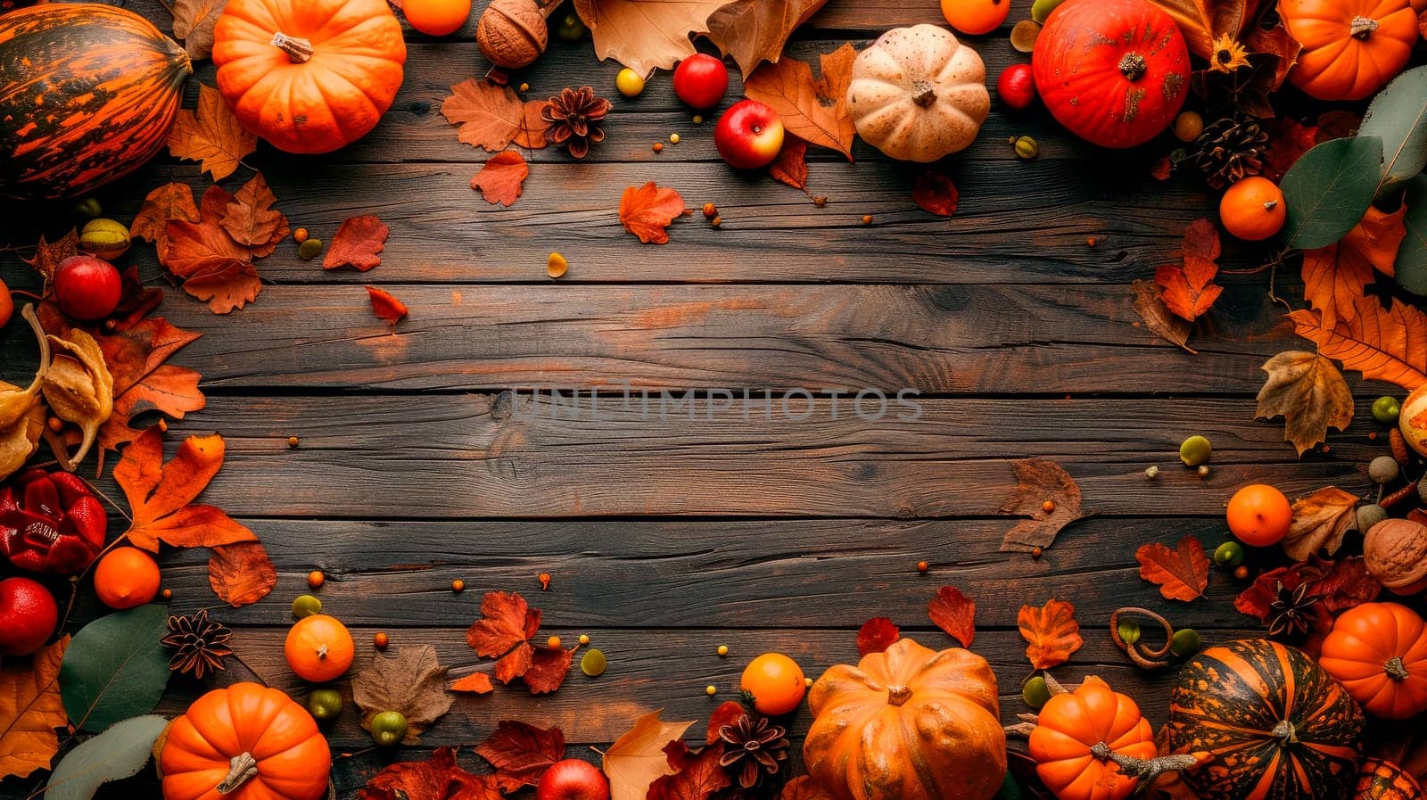 Rustic wooden background with vibrant autumn harvest accents. Copy space, flat lay, top view. AI generated