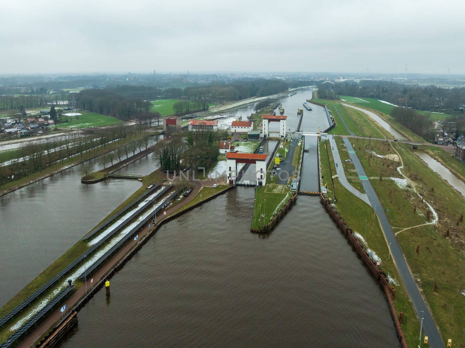 Aerial view of Eefde weir complex in the Netherlands. Here meets the Twente Canal the IJssel river.