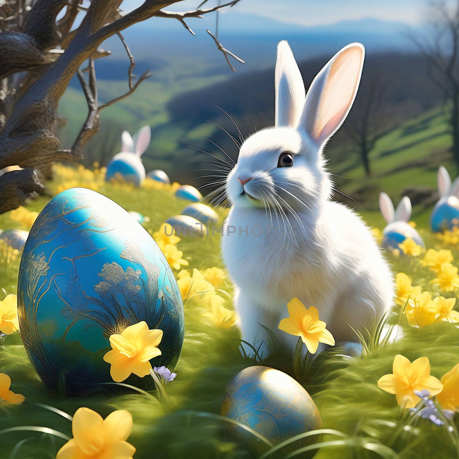 Easter bunny with Easter eggs on a green meadow. Daffodils are blooming yellow. Easter generated with AI. Illustration