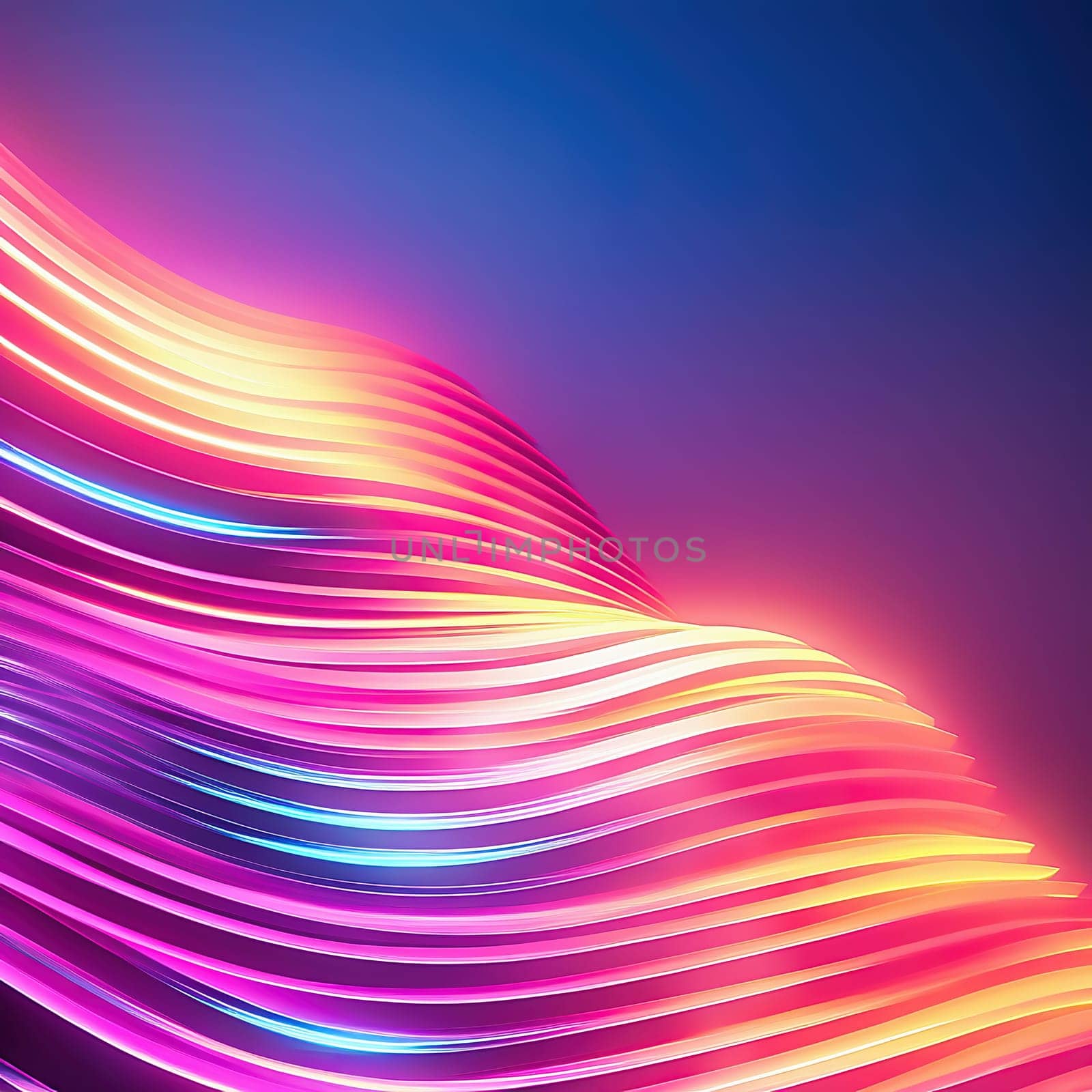 3d render. Abstract panoramic background of twisted dynamic neon lines, in wave form, glows in the dark space. Virtual fluorescent ribbon loop.