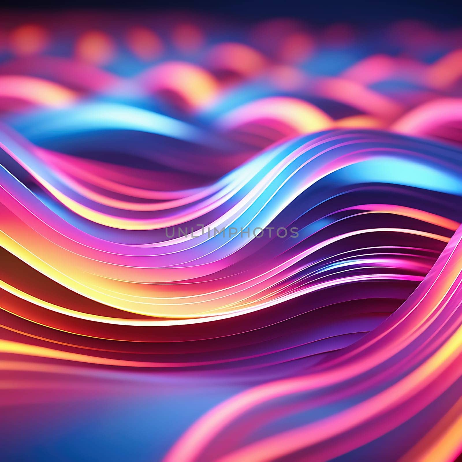 3d render. Abstract panoramic background of twisted dynamic neon lines, in wave form, glows in the dark space. Virtual fluorescent ribbon loop.