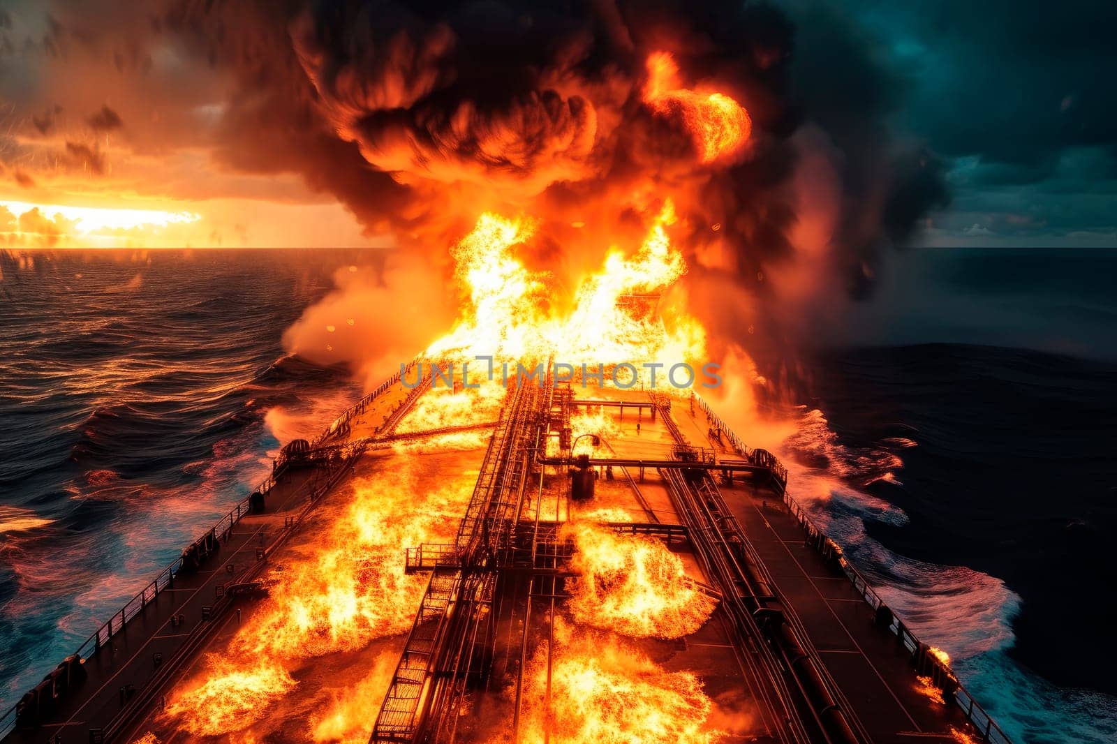 Fire on a cargo ship. A ship carrying crude oil is engulfed in flames. Explosion and fire on oil carrier on the high seas. AI generated