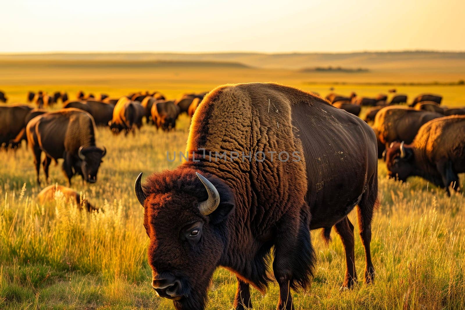 Herd of bisons grazing in the prairies. AI generated